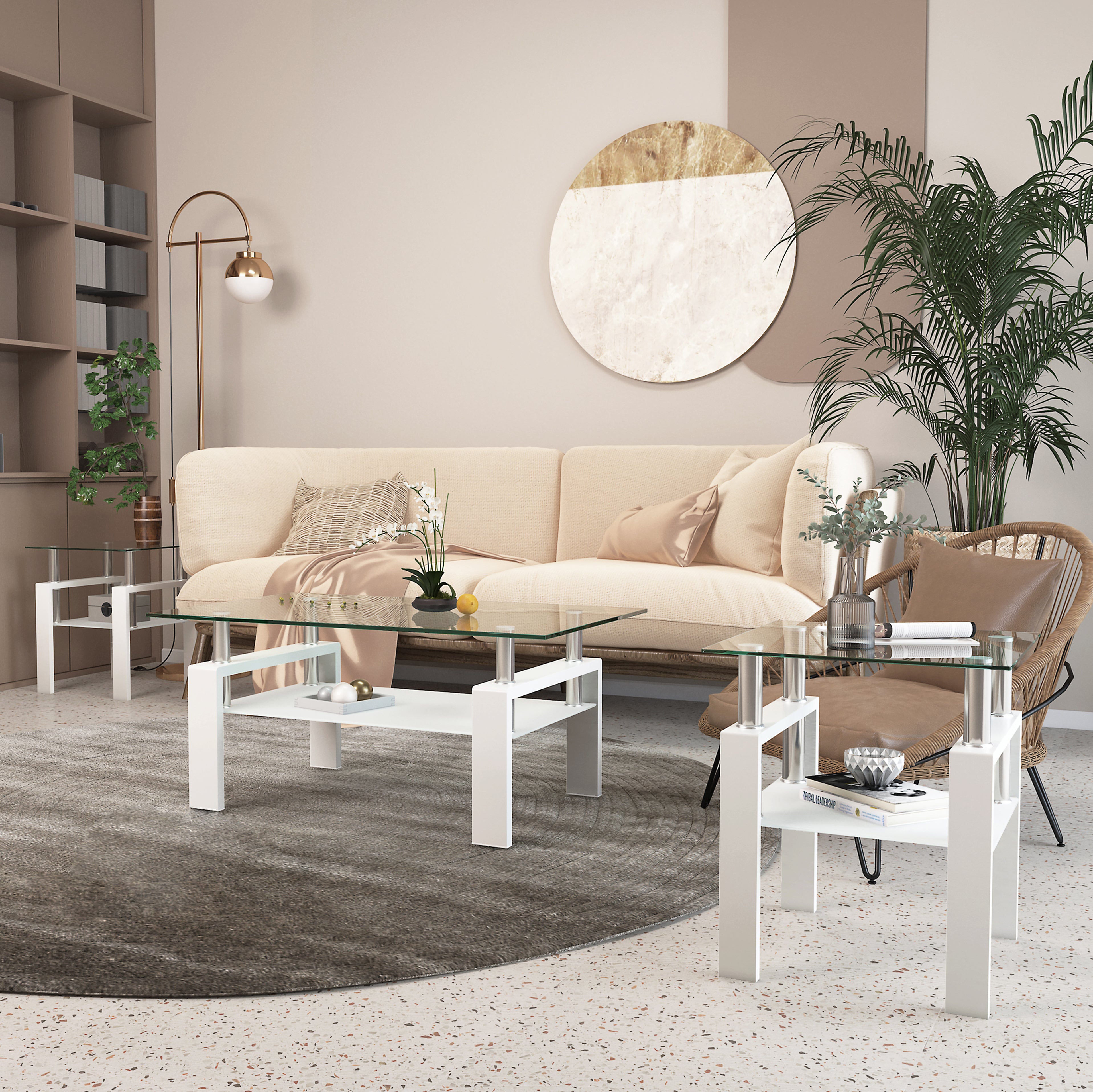 2 pcs Modern Design Coffee Table Tempered Glass End Table Night Stand- Transparent/White