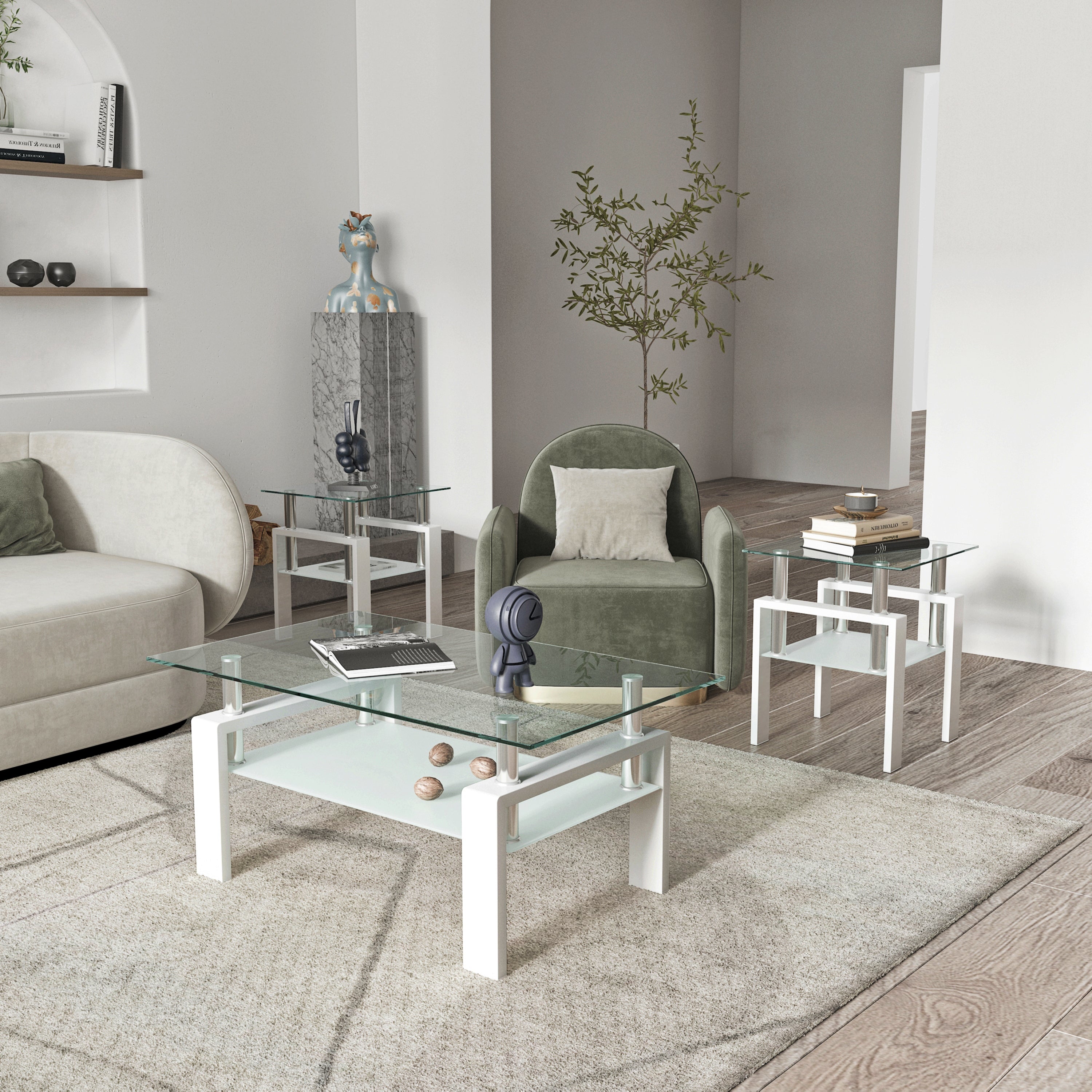 2 pcs Modern Design Coffee Table Tempered Glass End Table Night Stand- Transparent/White