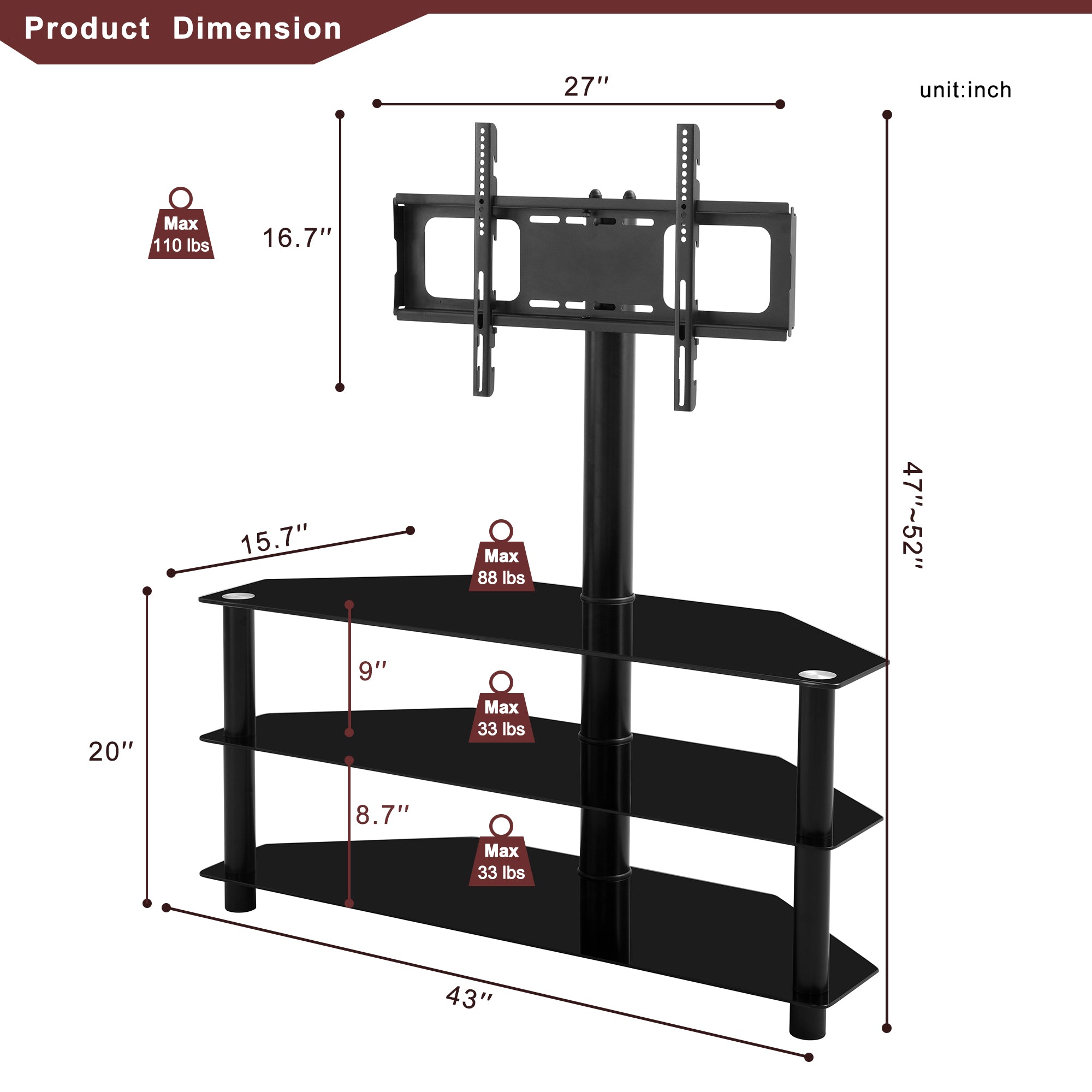 3-Tier Multi-functional TV Stand Height Adjustable Swivel Bracket - Black