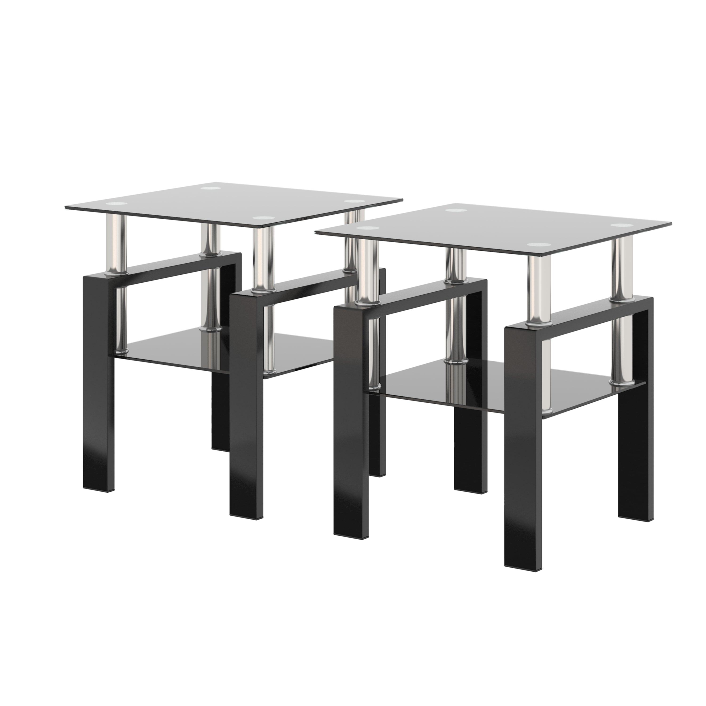 2 pcs Modern Design Coffee Table Tempered Glass End Table Night Stand- Black/Black