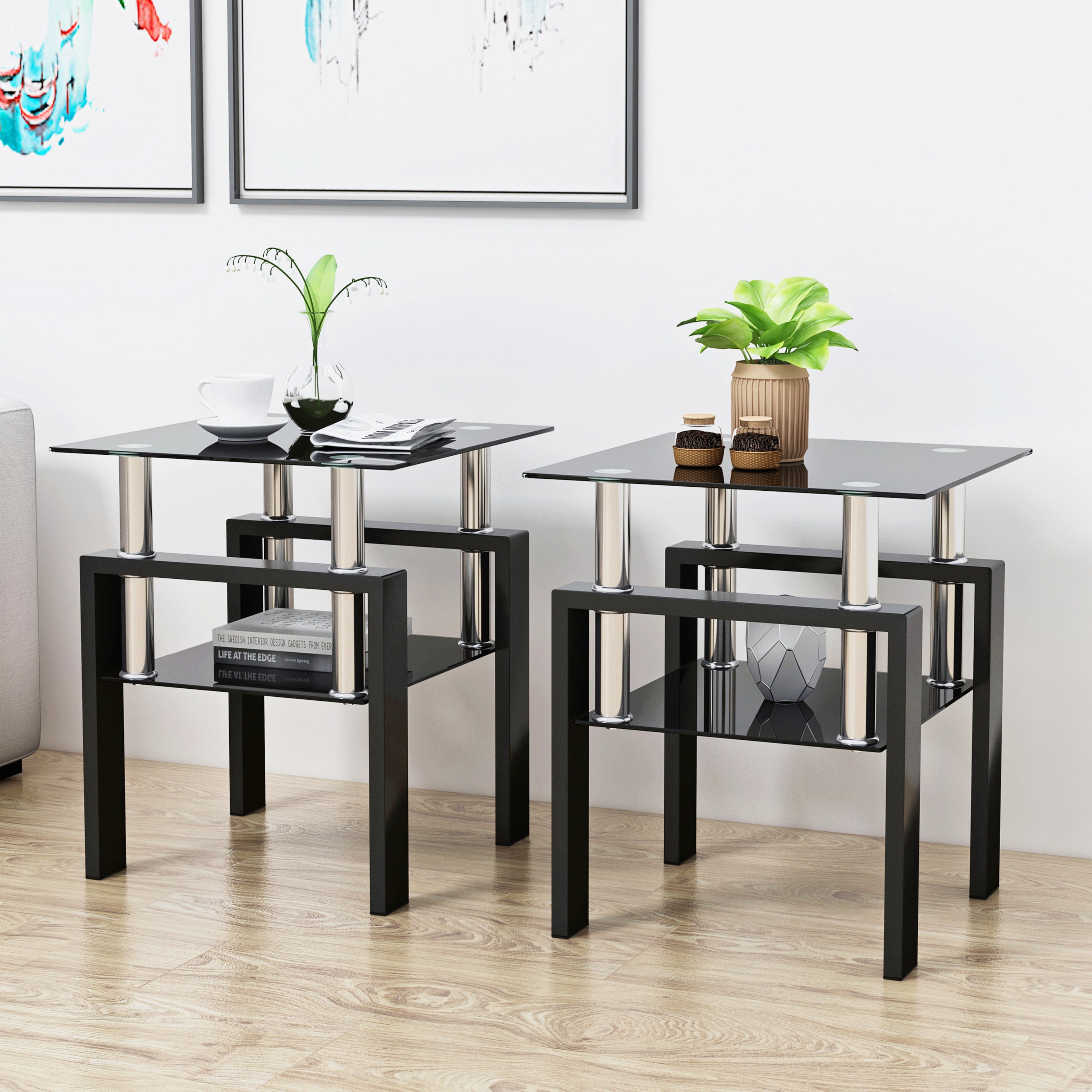 2 pcs Modern Design Coffee Table Tempered Glass End Table Night Stand- Black/Black