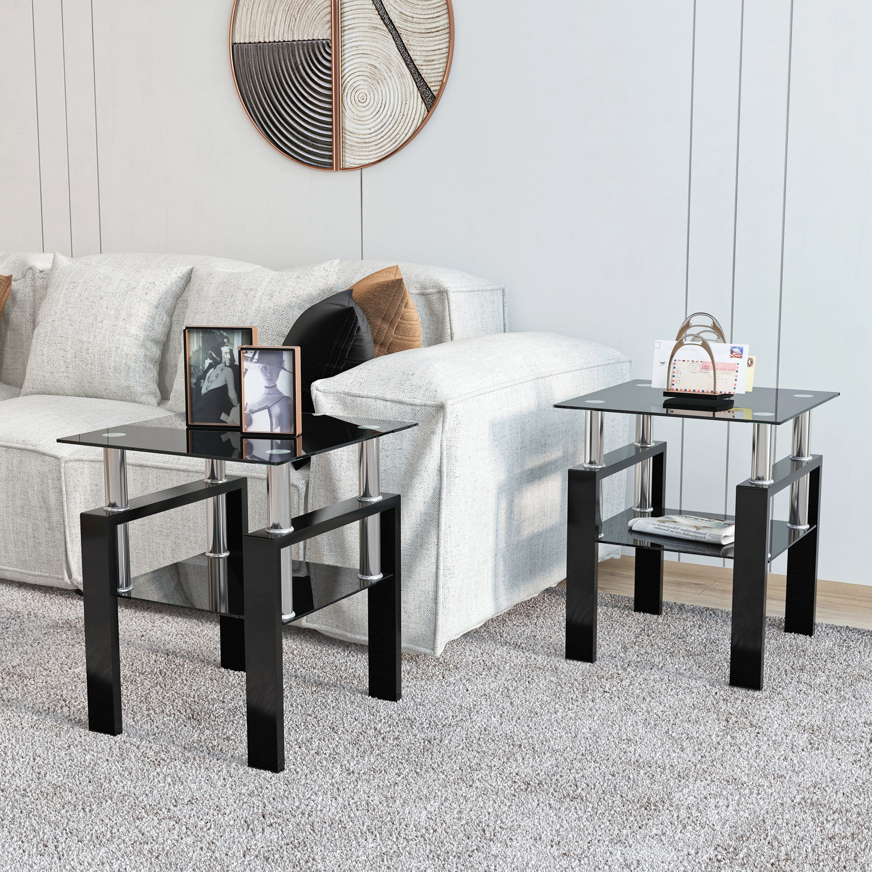 2 pcs Modern Design Coffee Table Tempered Glass End Table Night Stand- Black/Black