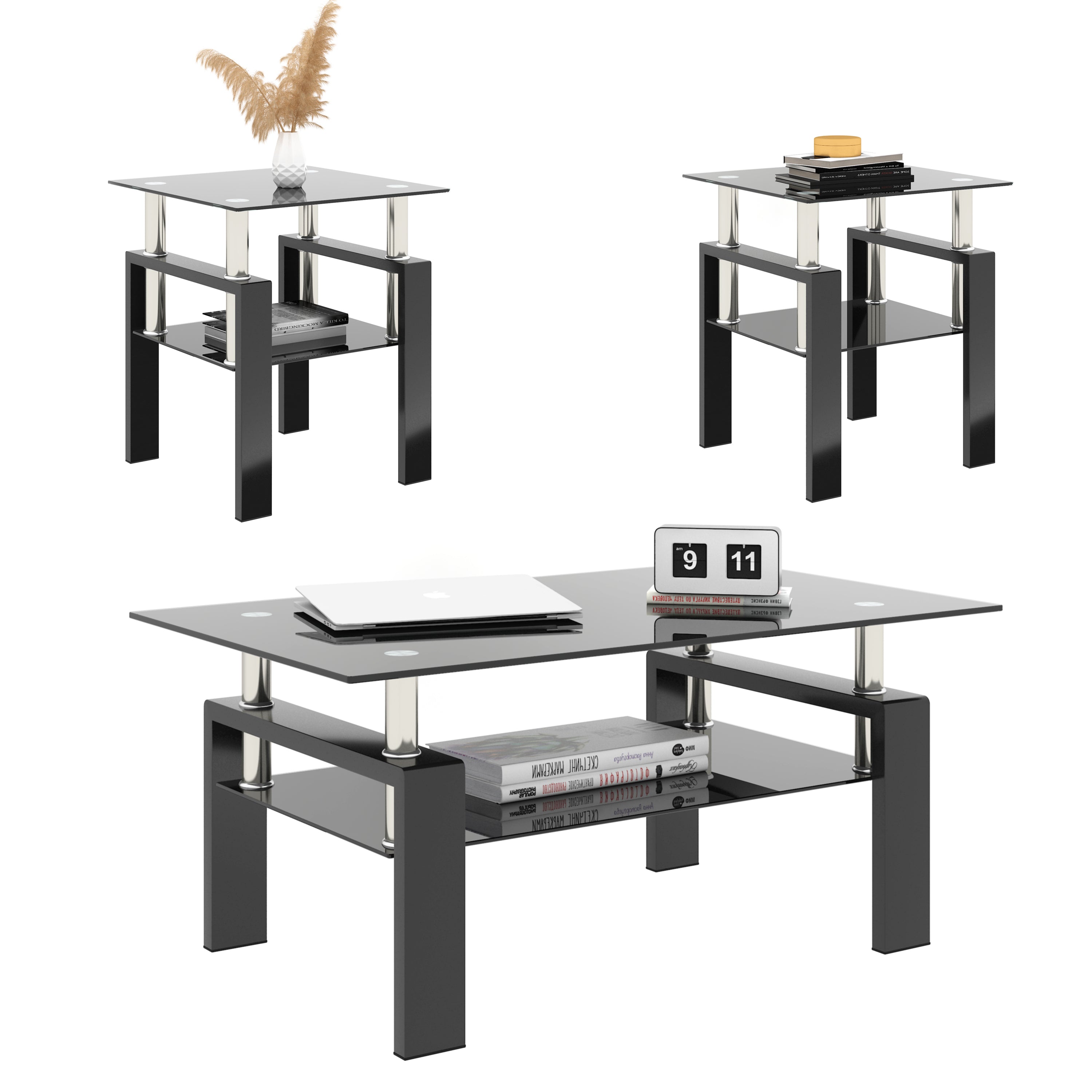 2 pcs Modern Design Coffee Table Tempered Glass End Table Night Stand- Black/Black