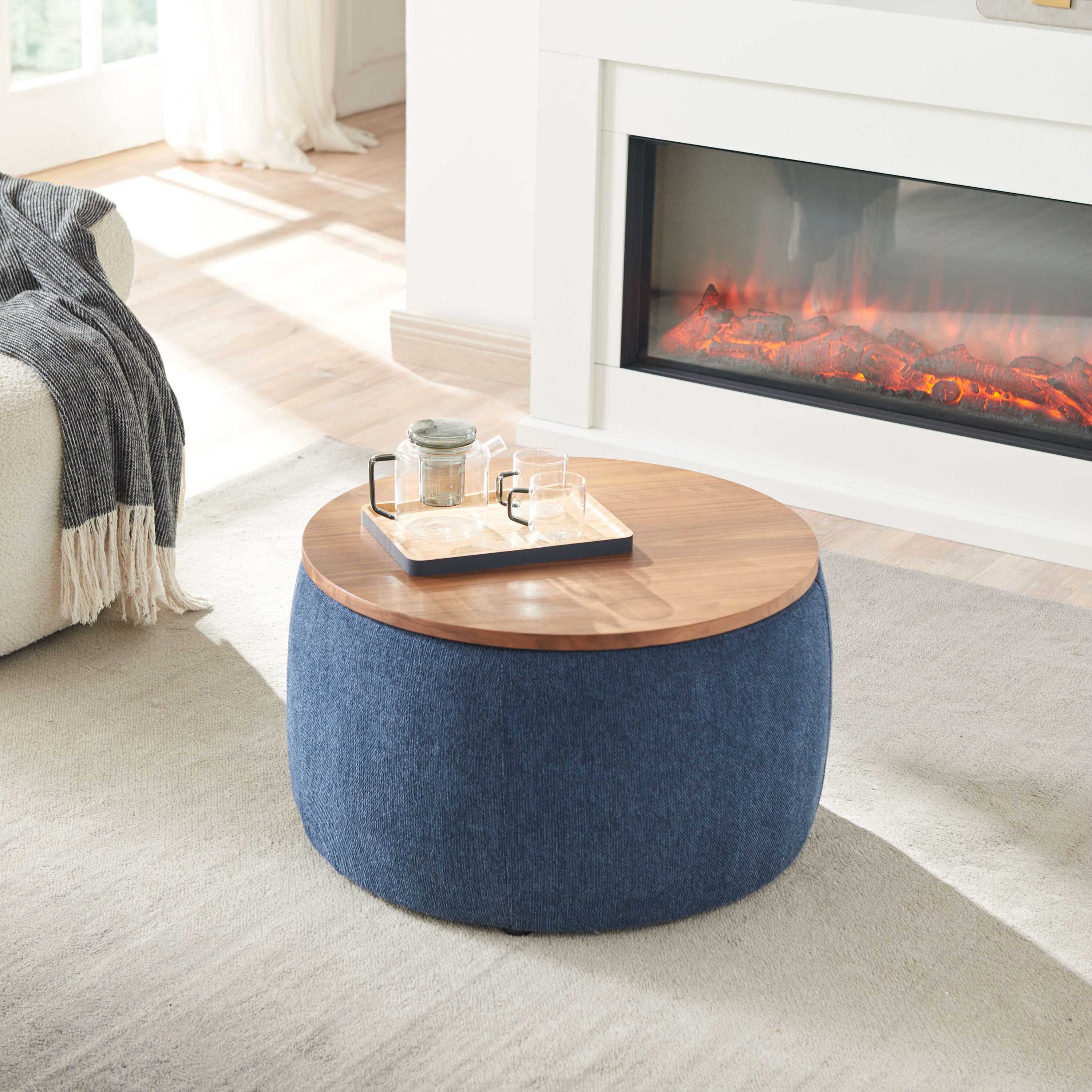 2 in 1 Round Storage Organizer and Foot Stool with Wooden Lid- Navy