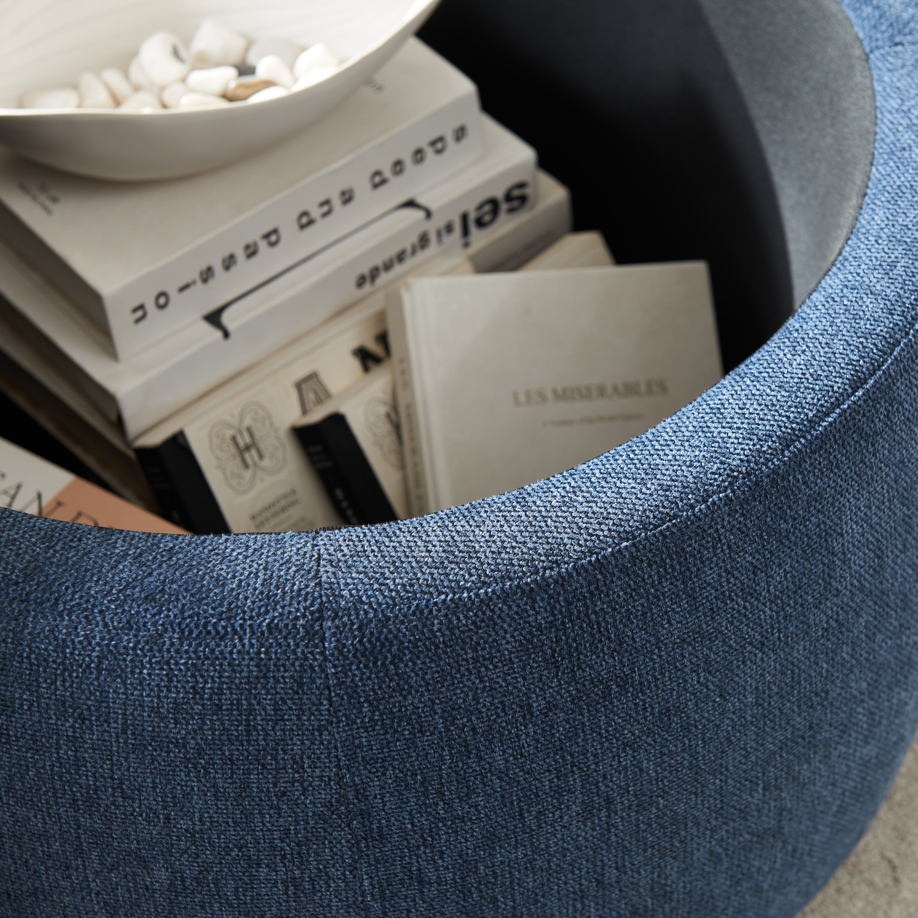 2 in 1 Round Storage Organizer and Foot Stool with Wooden Lid- Navy