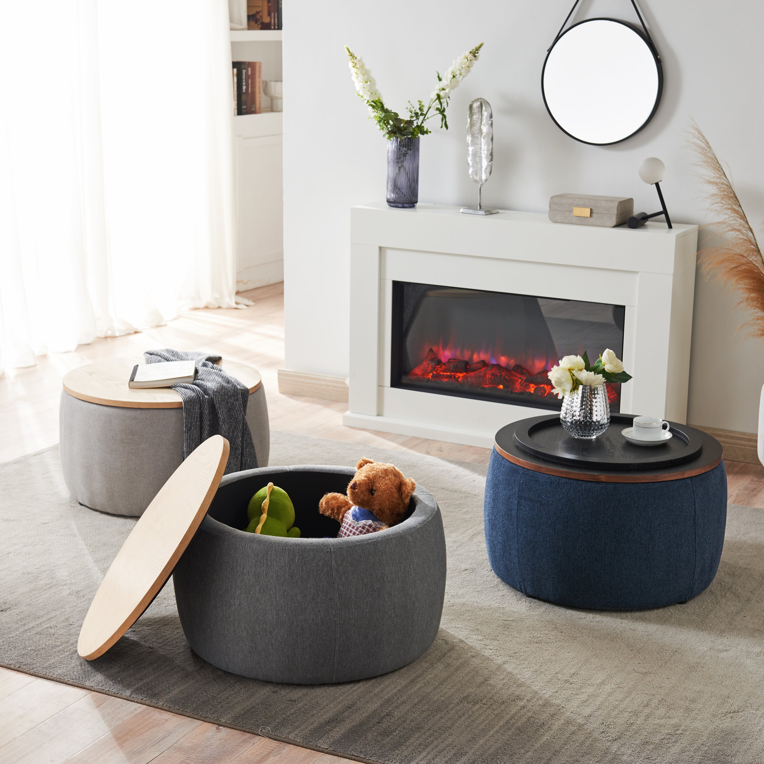 2 in 1 Round Storage Organizer and Foot Stool with Wooden Lid- Navy