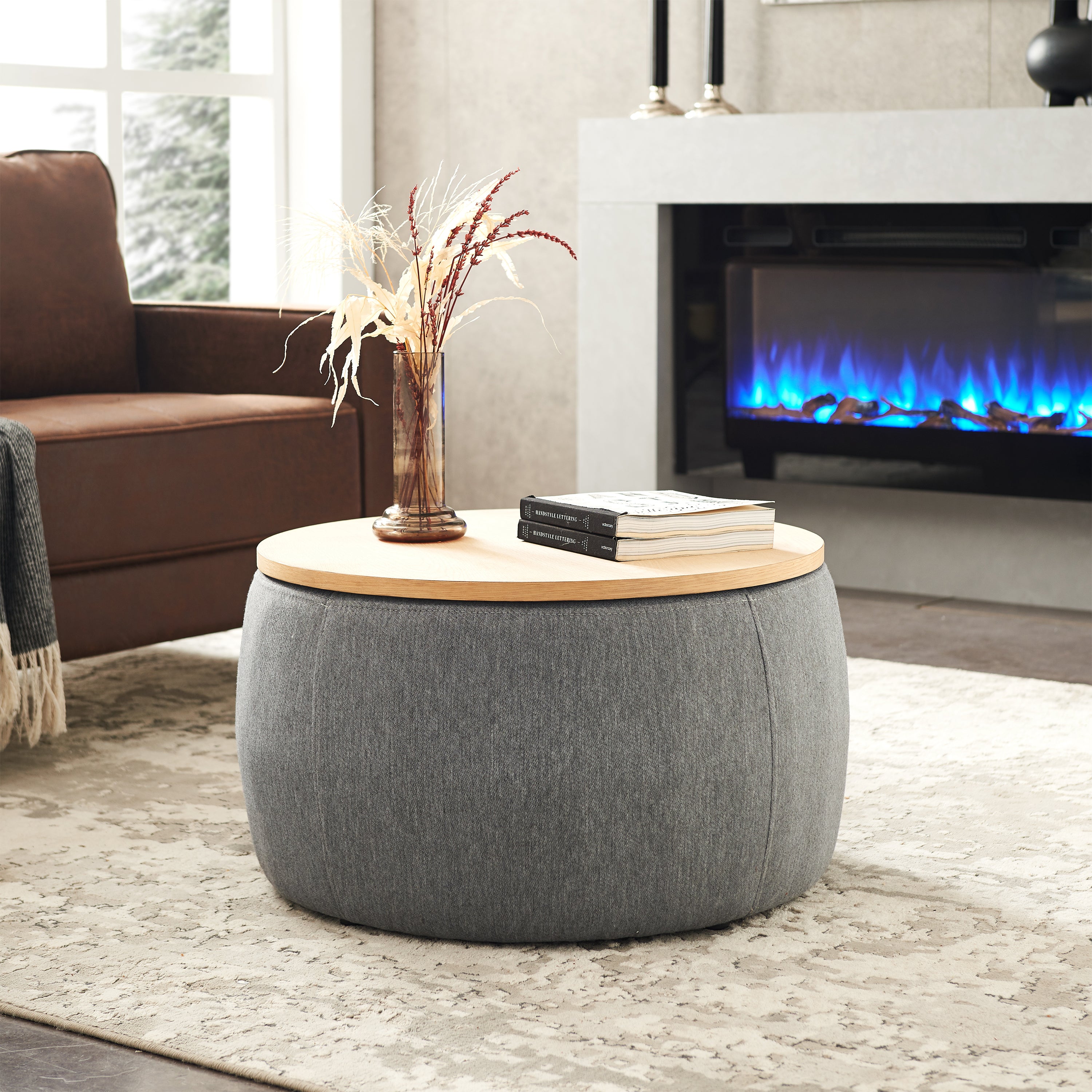 2 in 1 Round Storage Organizer and Foot Stool with Wooden Lid- Dark Grey