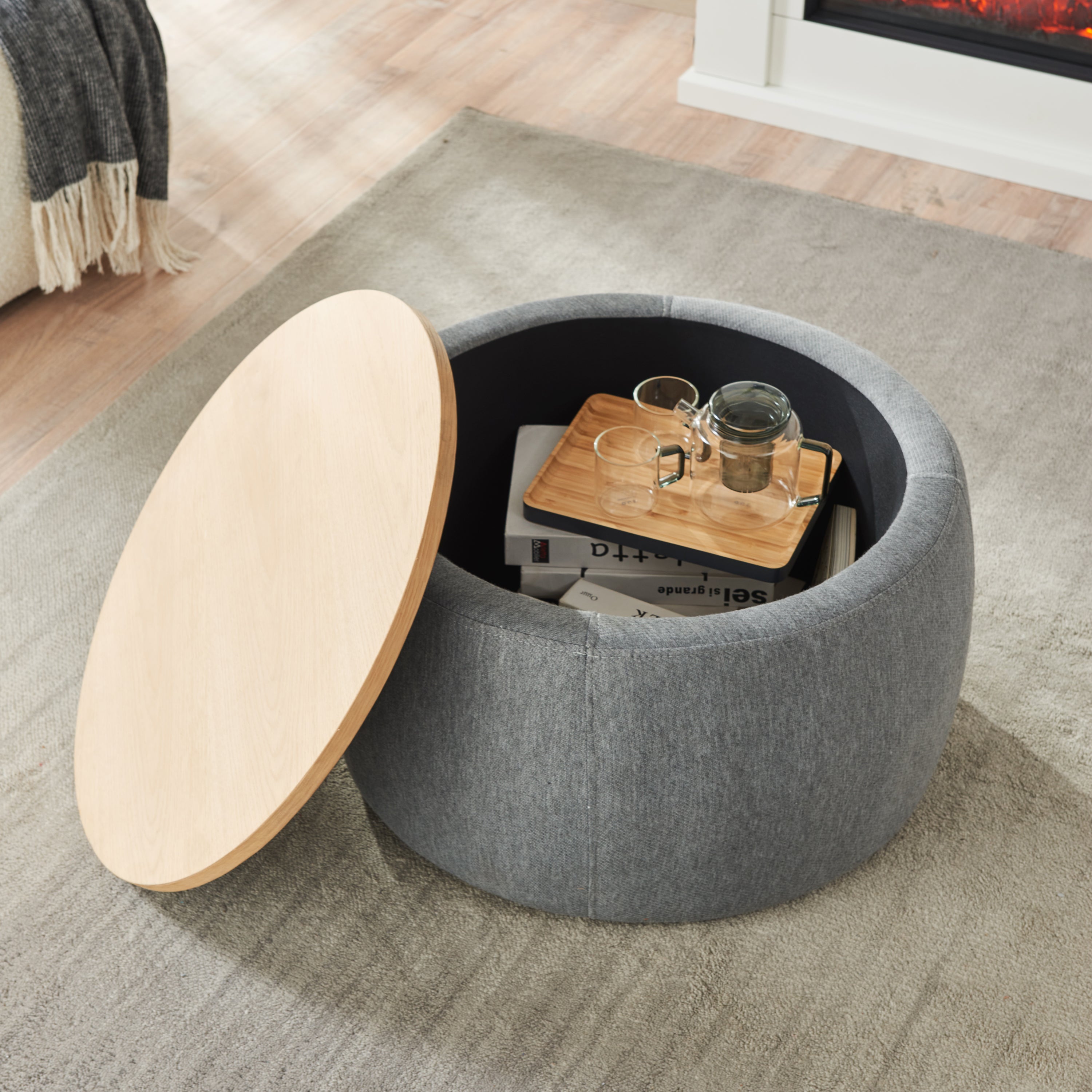 2 in 1 Round Storage Organizer and Foot Stool with Wooden Lid- Dark Grey