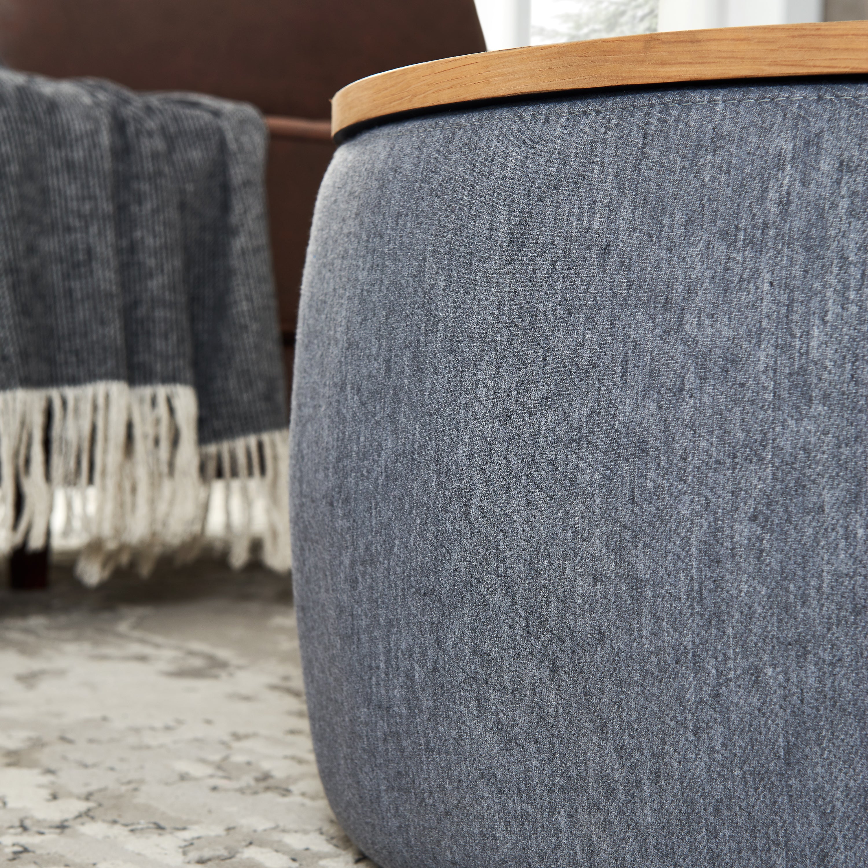 2 in 1 Round Storage Organizer and Foot Stool with Wooden Lid- Dark Grey