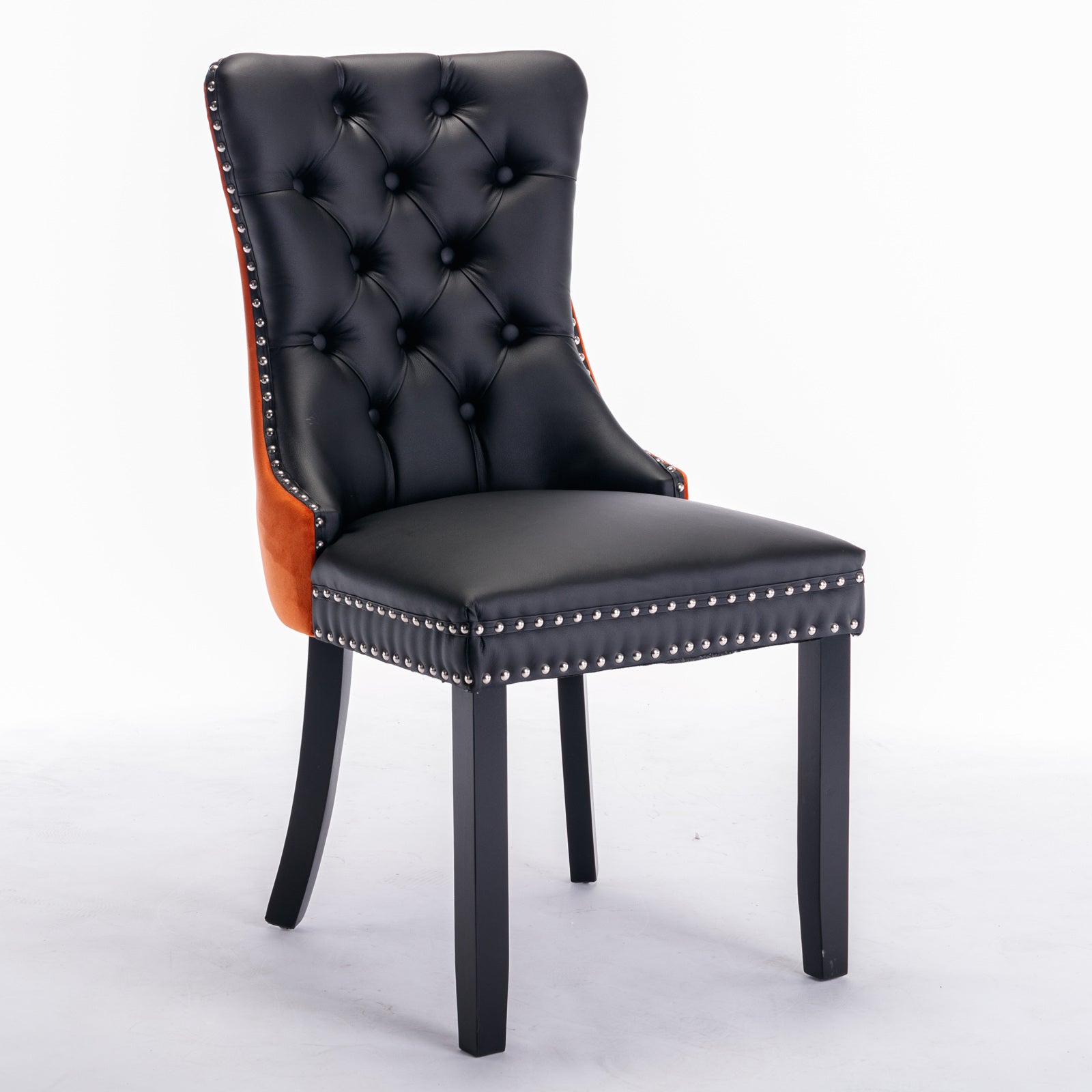 2 pcs High-End Tufted Modern Contemporary Leather Chair with Wooden Legs- Black+Orange