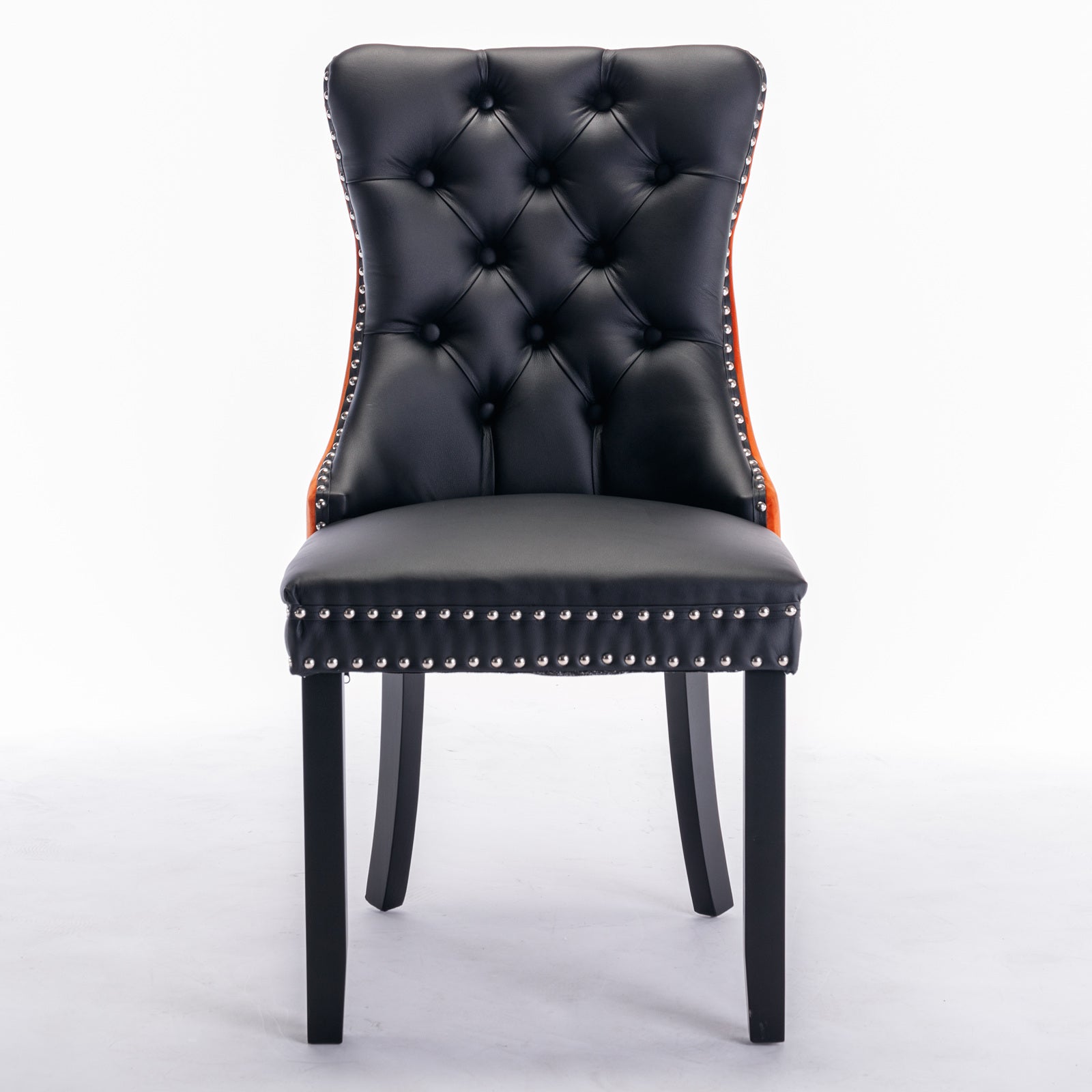 2 pcs High-End Tufted Modern Contemporary Leather Chair with Wooden Legs- Black+Orange