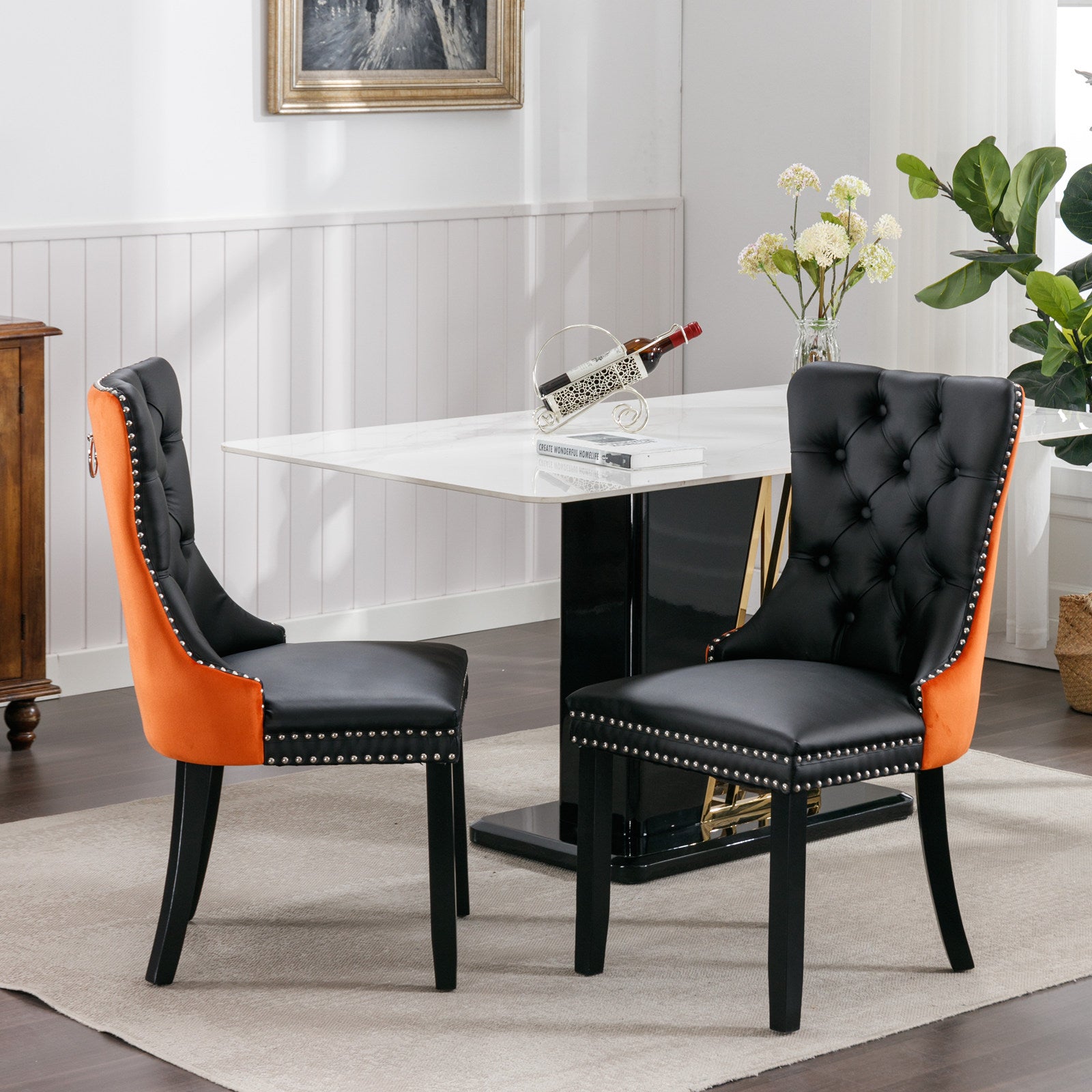 2 pcs High-End Tufted Modern Contemporary Leather Chair with Wooden Legs- Black+Orange