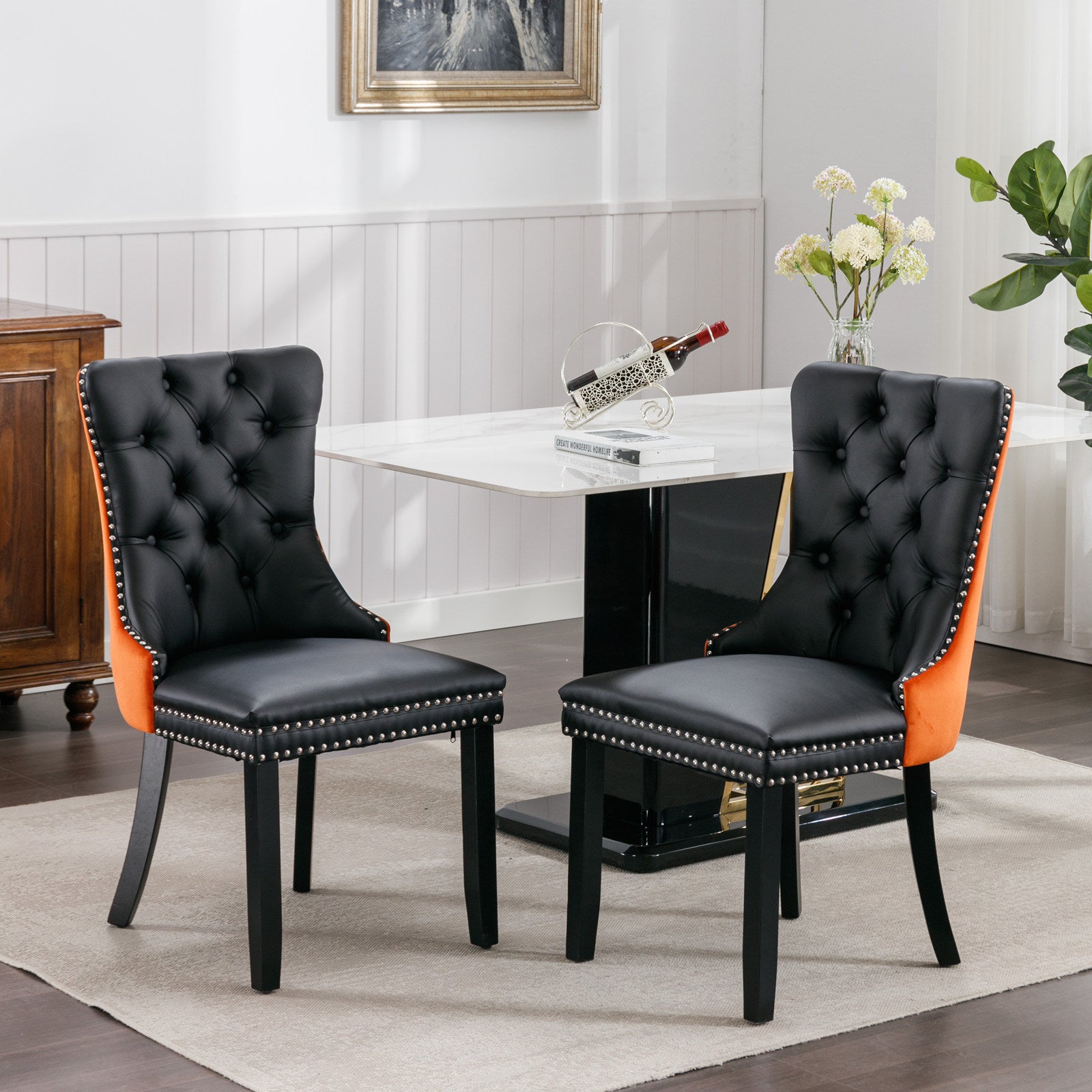 2 pcs High-End Tufted Modern Contemporary Leather Chair with Wooden Legs- Black+Orange
