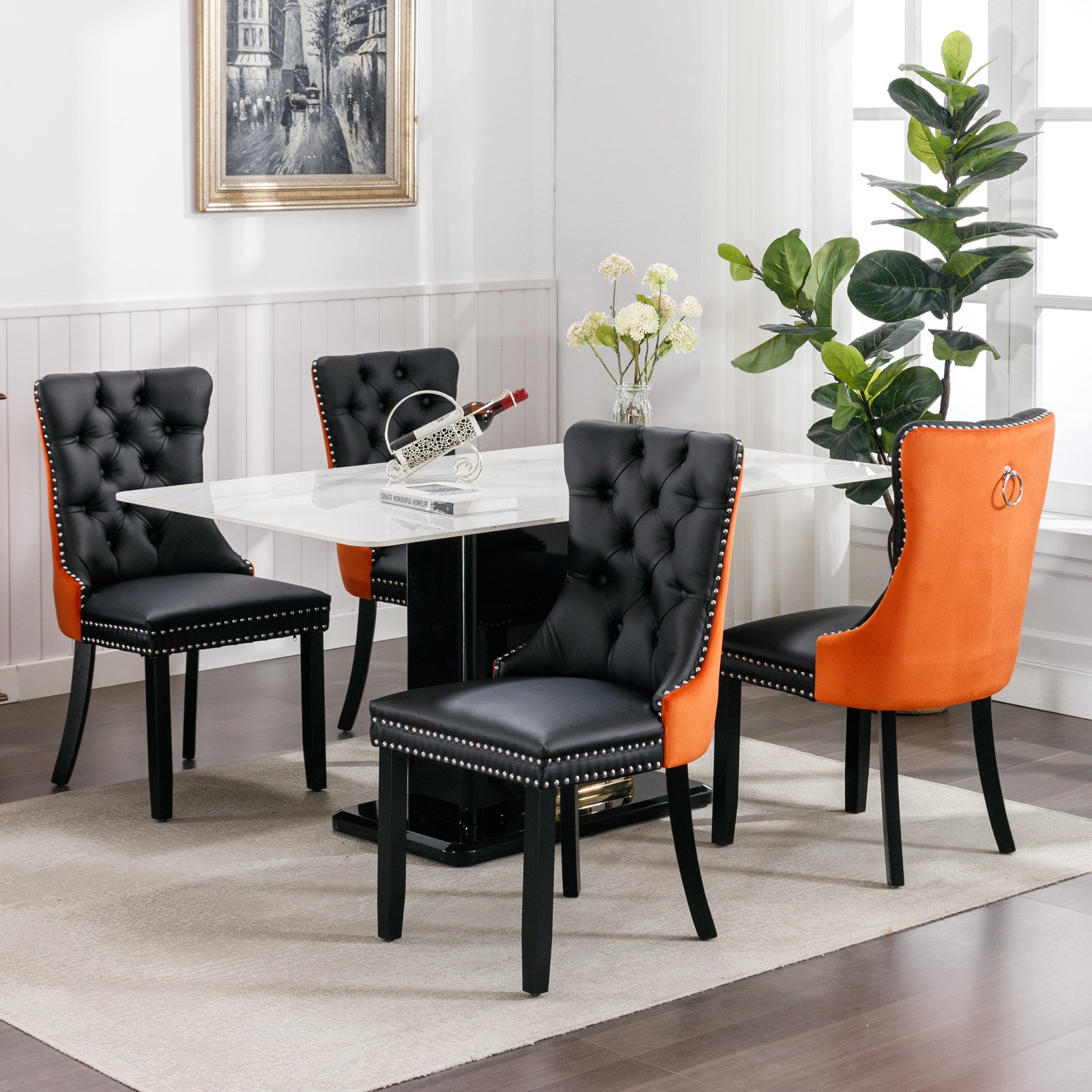 2 pcs High-End Tufted Modern Contemporary Leather Chair with Wooden Legs- Black+Orange