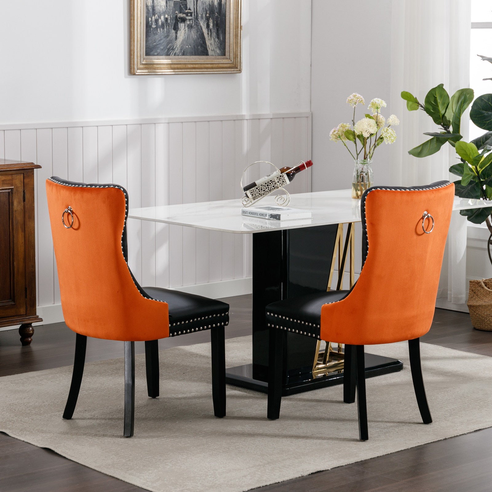 2 pcs High-End Tufted Modern Contemporary Leather Chair with Wooden Legs- Black+Orange