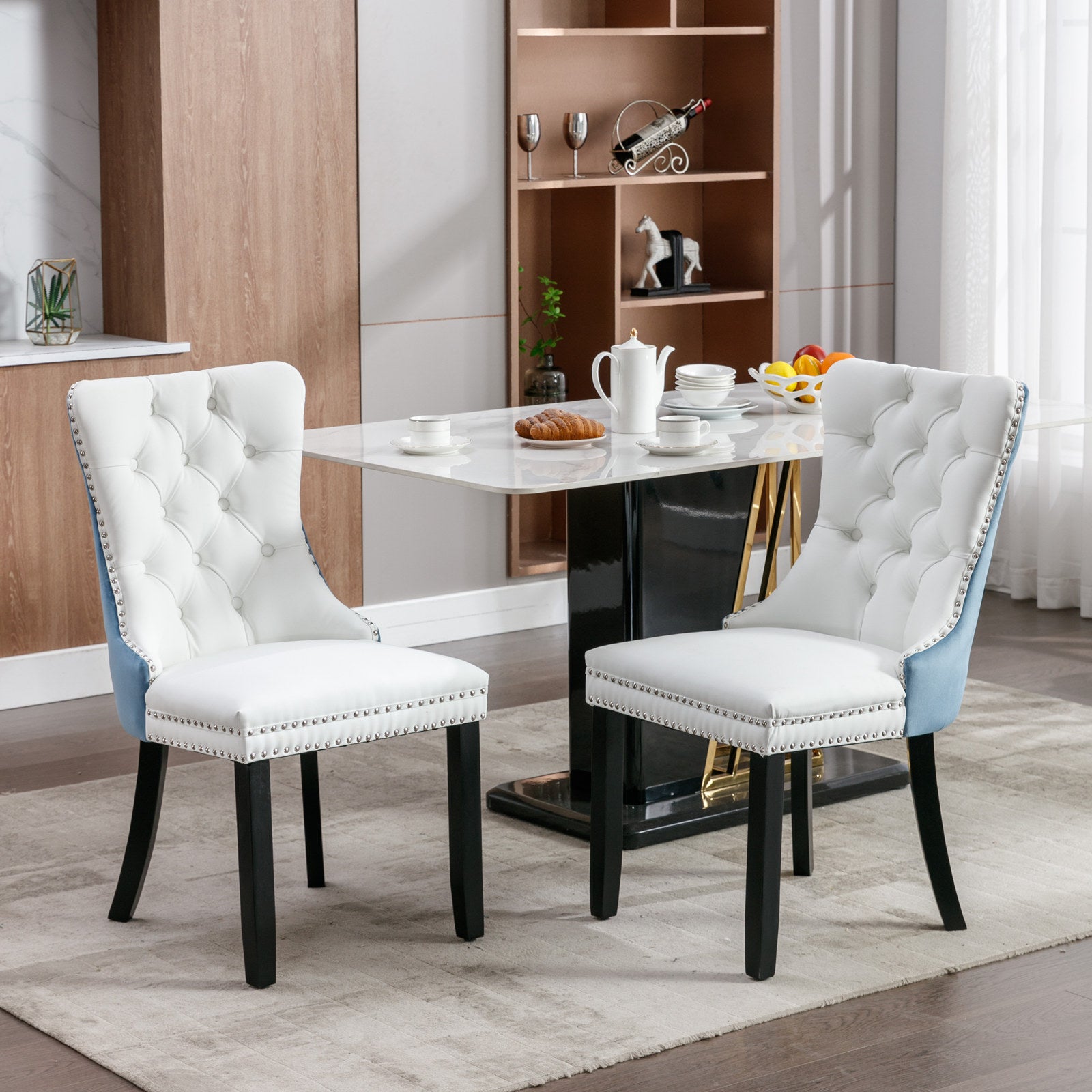2 pcs High-End Tufted Modern Contemporary Leather Chair with Wooden Legs- Blue+White