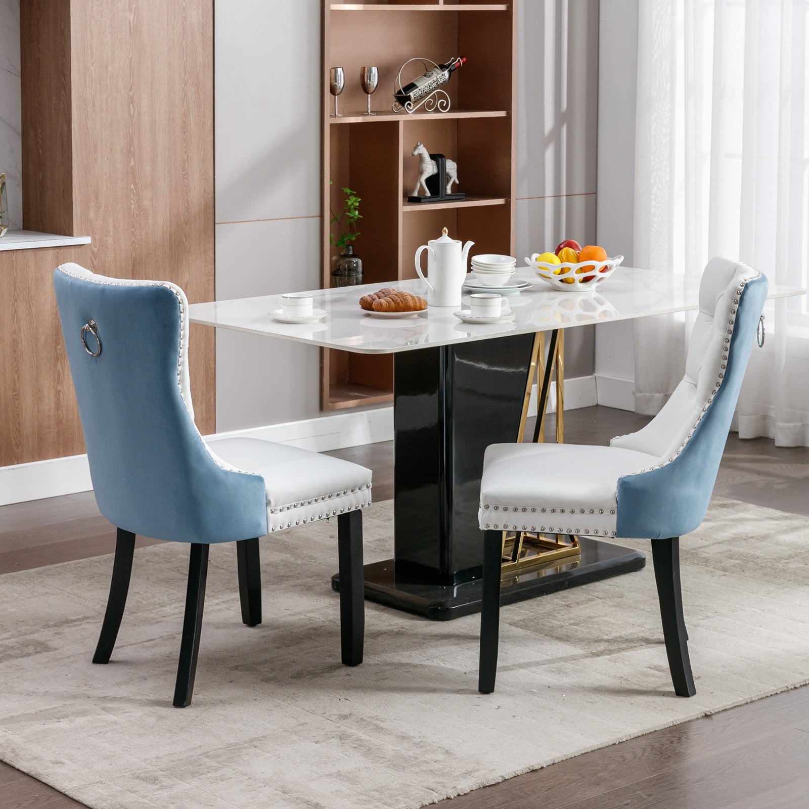 2 pcs High-End Tufted Modern Contemporary Leather Chair with Wooden Legs- Blue+White