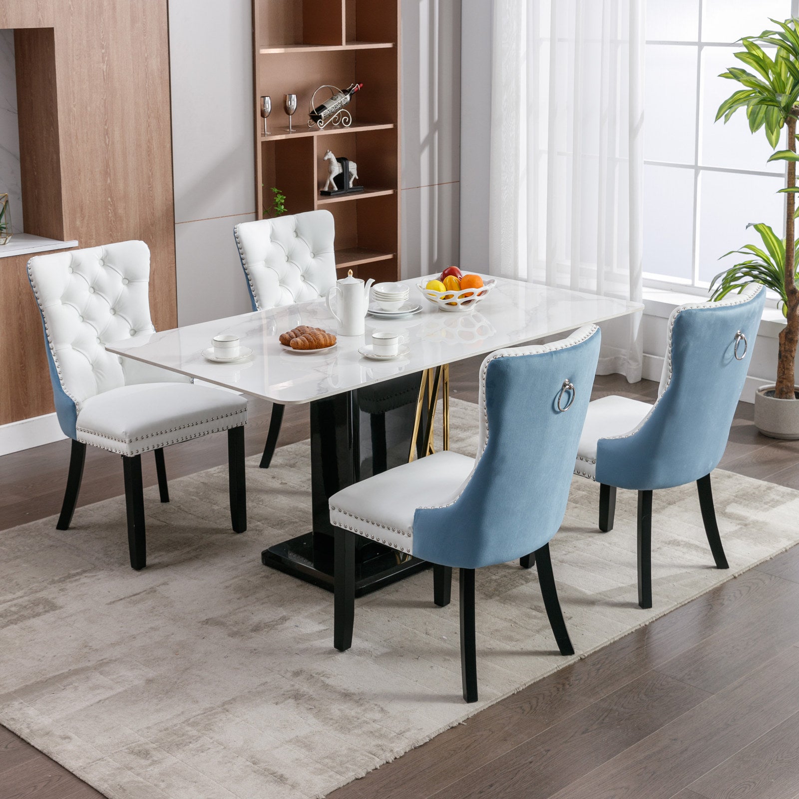 2 pcs High-End Tufted Modern Contemporary Leather Chair with Wooden Legs- Blue+White