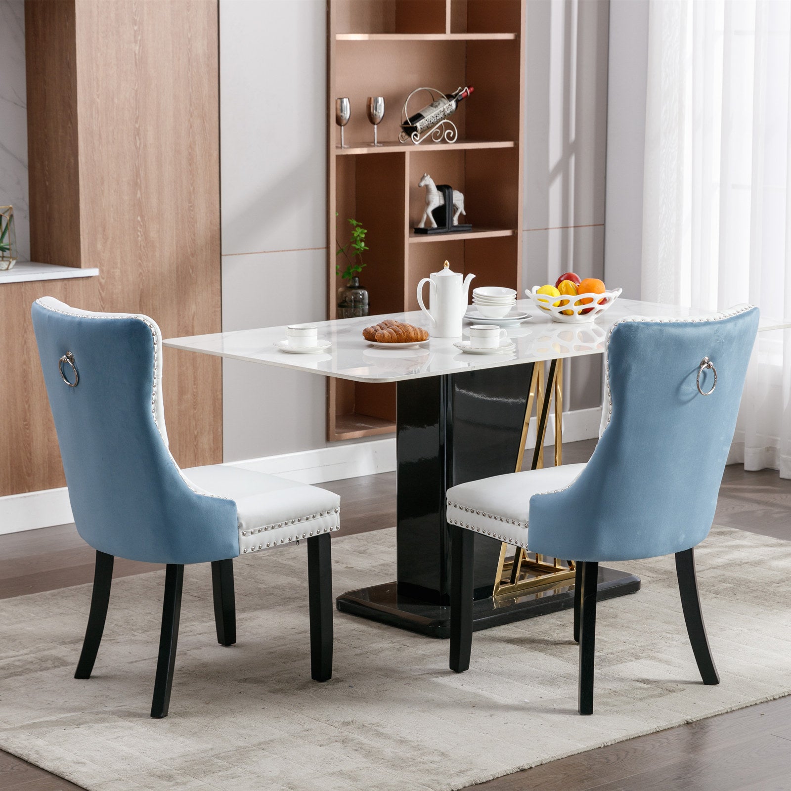 2 pcs High-End Tufted Modern Contemporary Leather Chair with Wooden Legs- Blue+White