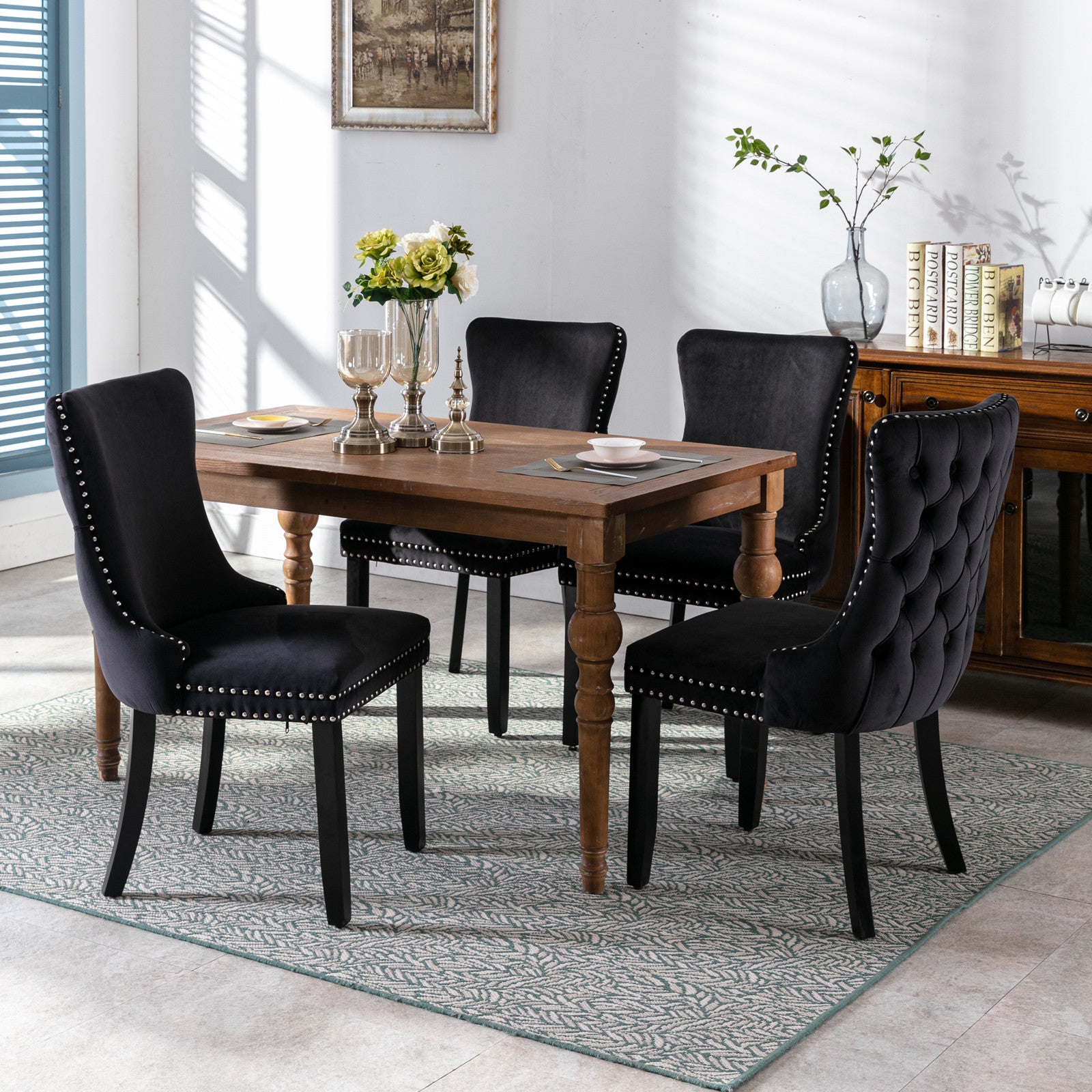 2 pcs High-End Wing Back Tufted Modern Contemporary Velvet Chair with Wooden Legs- Black