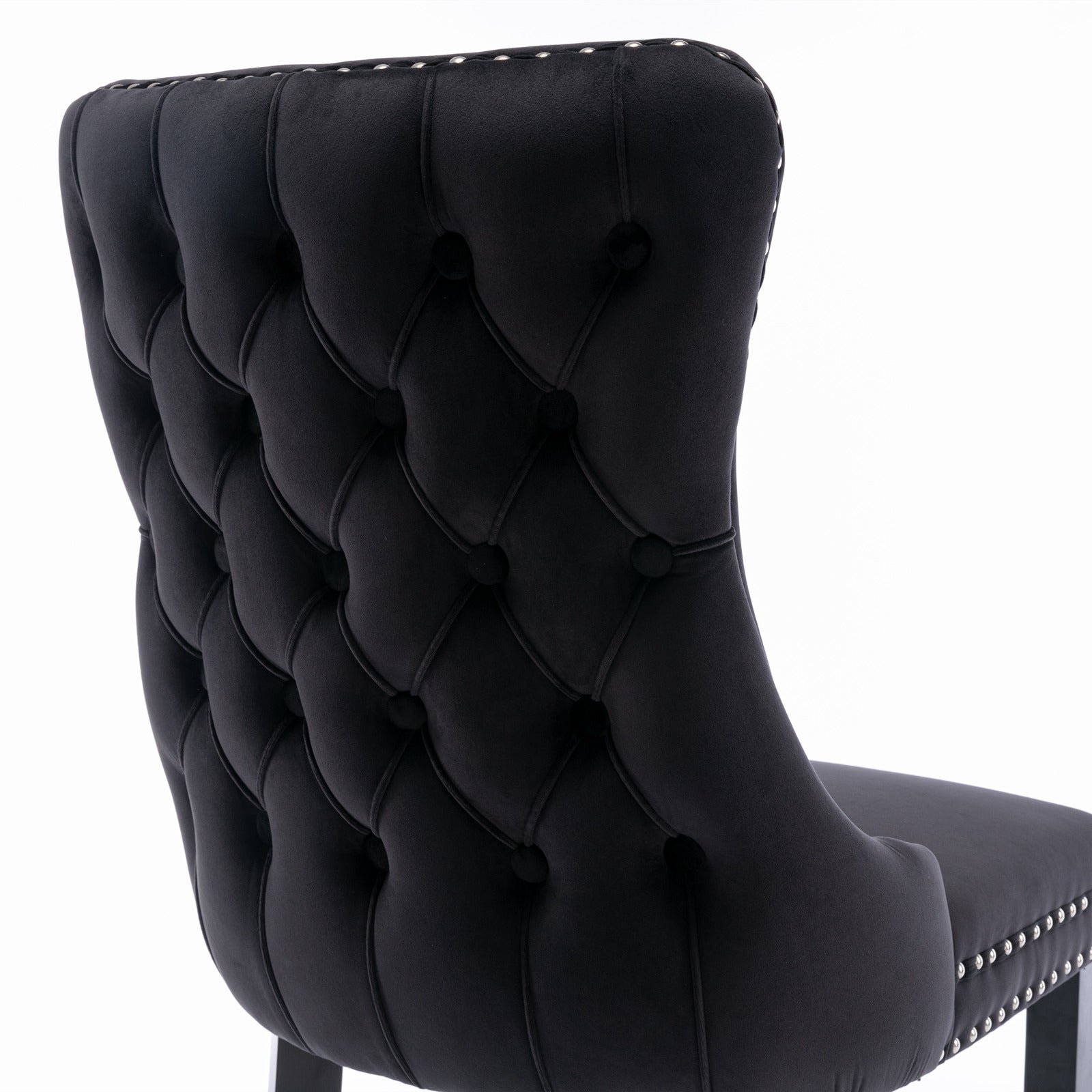 2 pcs High-End Wing Back Tufted Modern Contemporary Velvet Chair with Wooden Legs- Black