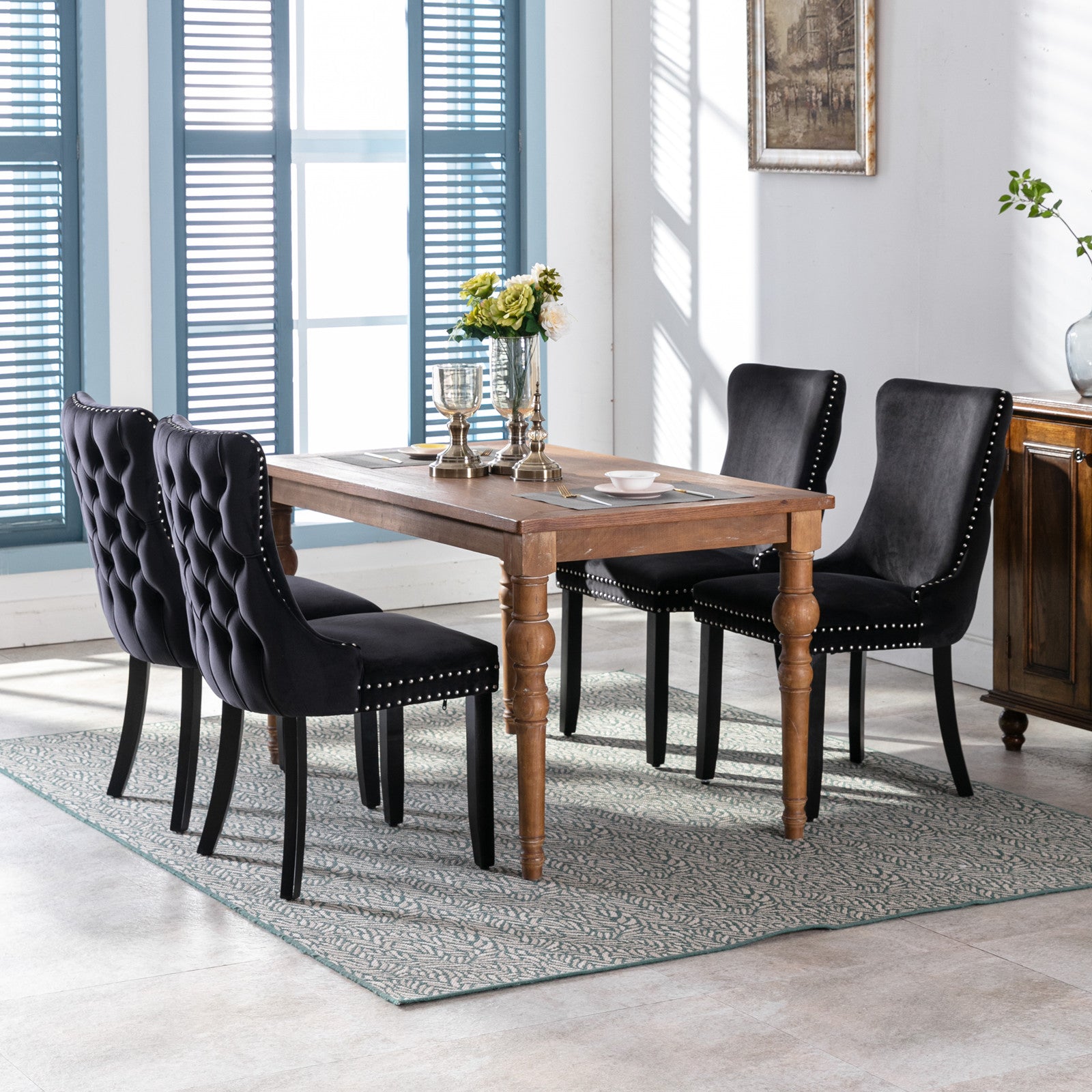 2 pcs High-End Wing Back Tufted Modern Contemporary Velvet Chair with Wooden Legs- Black