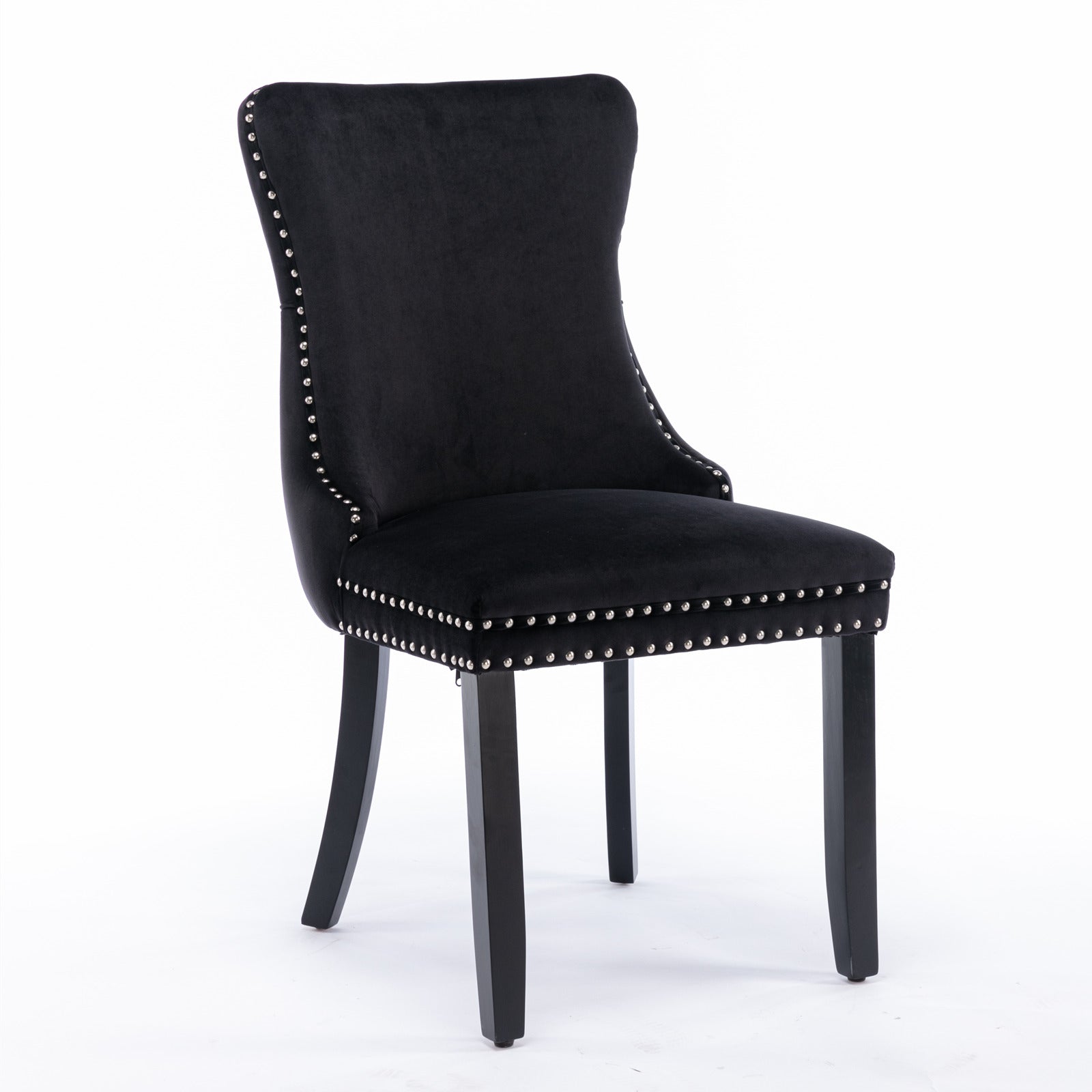 2 pcs High-End Wing Back Tufted Modern Contemporary Velvet Chair with Wooden Legs- Black