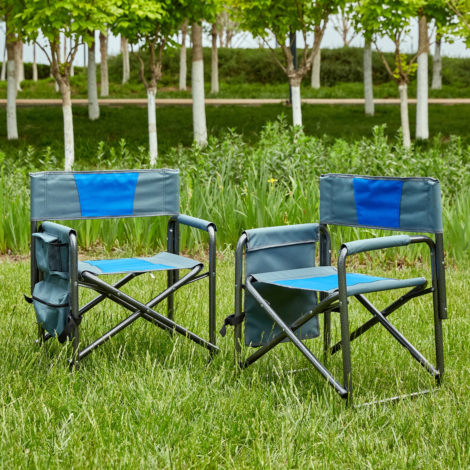 2pcs Padded Folding Outdoor Chair with Pockets Oversized Directors Chair- Blue+Grey