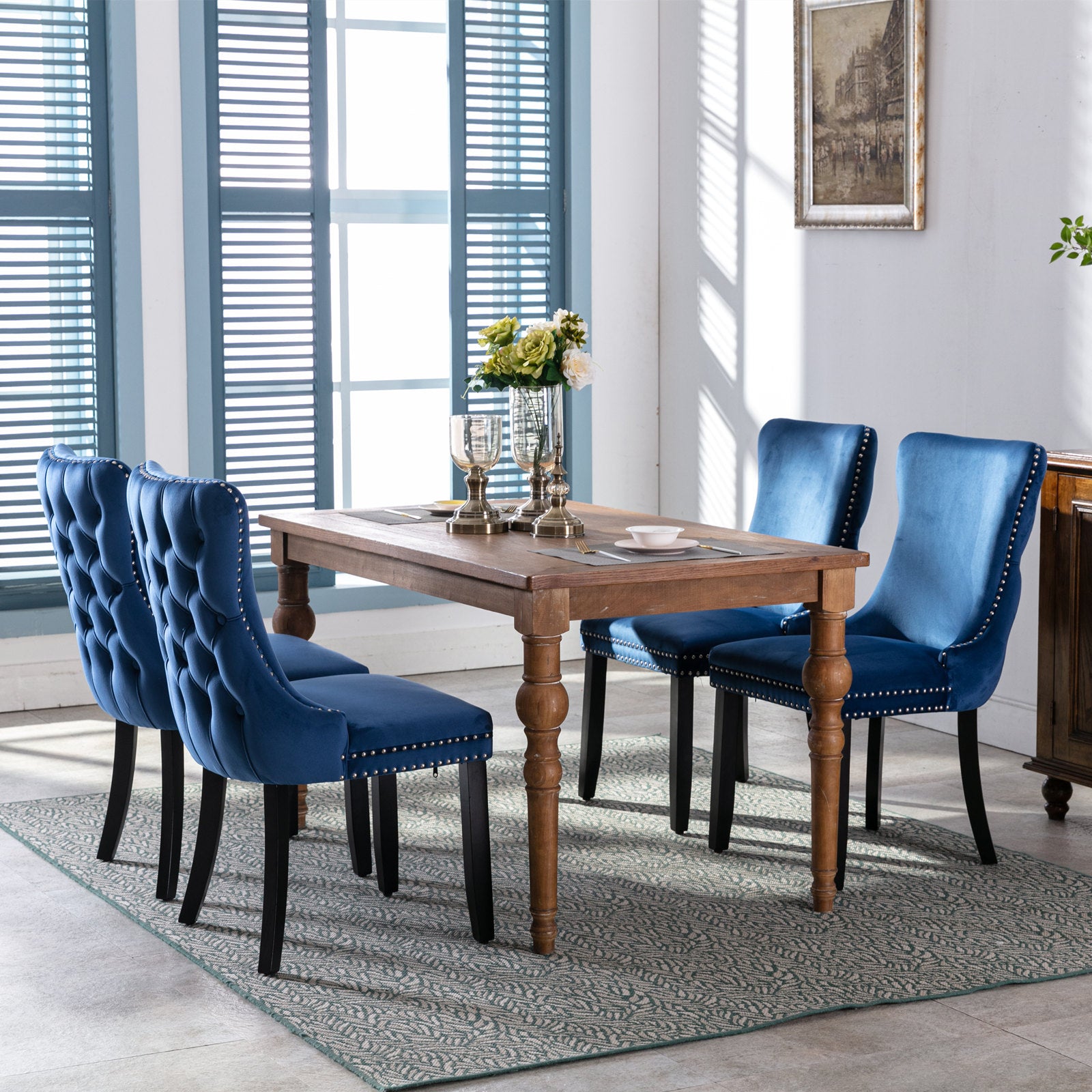 2 pcs High-End Wing Back Tufted Modern Contemporary Velvet Chair with Wooden Legs- Blue
