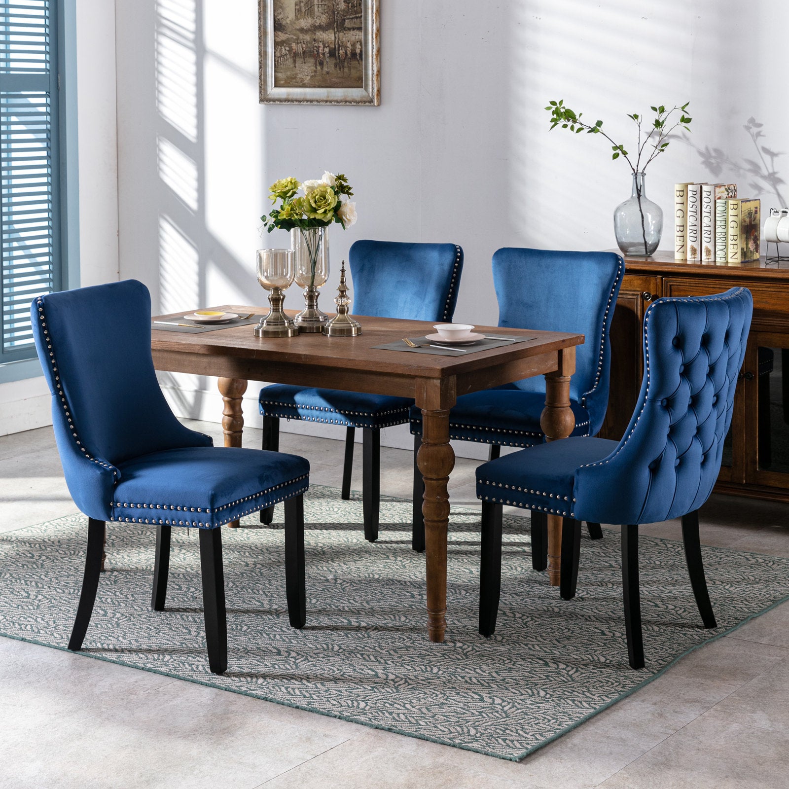 2 pcs High-End Wing Back Tufted Modern Contemporary Velvet Chair with Wooden Legs- Blue