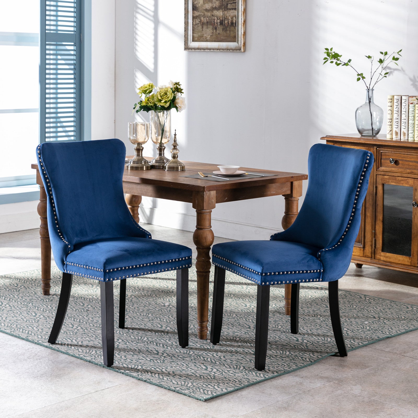 2 pcs High-End Wing Back Tufted Modern Contemporary Velvet Chair with Wooden Legs- Blue