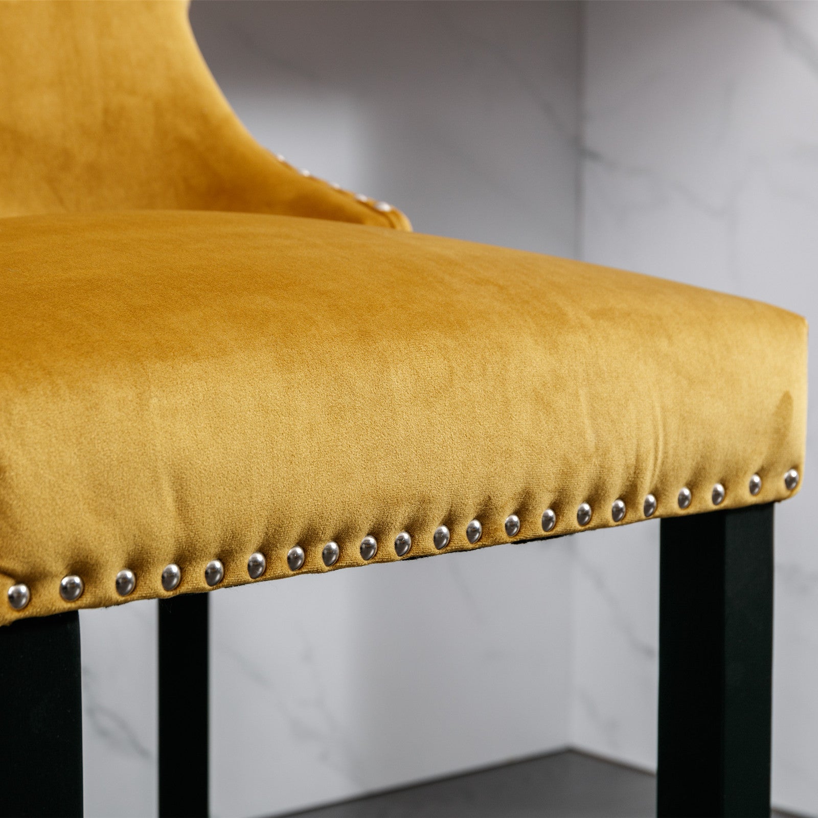 2pcs Chrome Accent Wingback Bar Stools Tufted Velvet with Nailhead and Black Legs- Gold