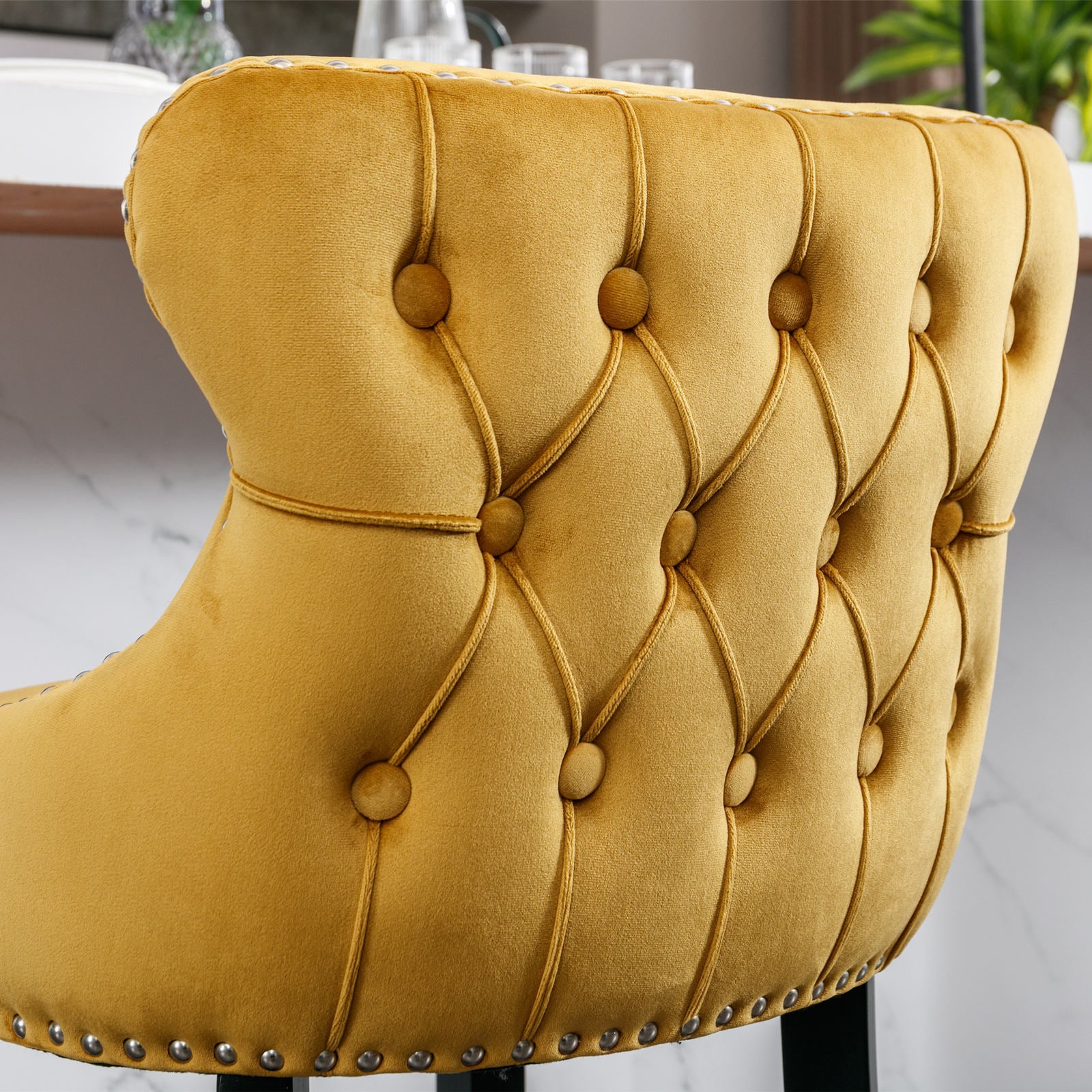 2pcs Chrome Accent Wingback Bar Stools Tufted Velvet with Nailhead and Black Legs- Gold