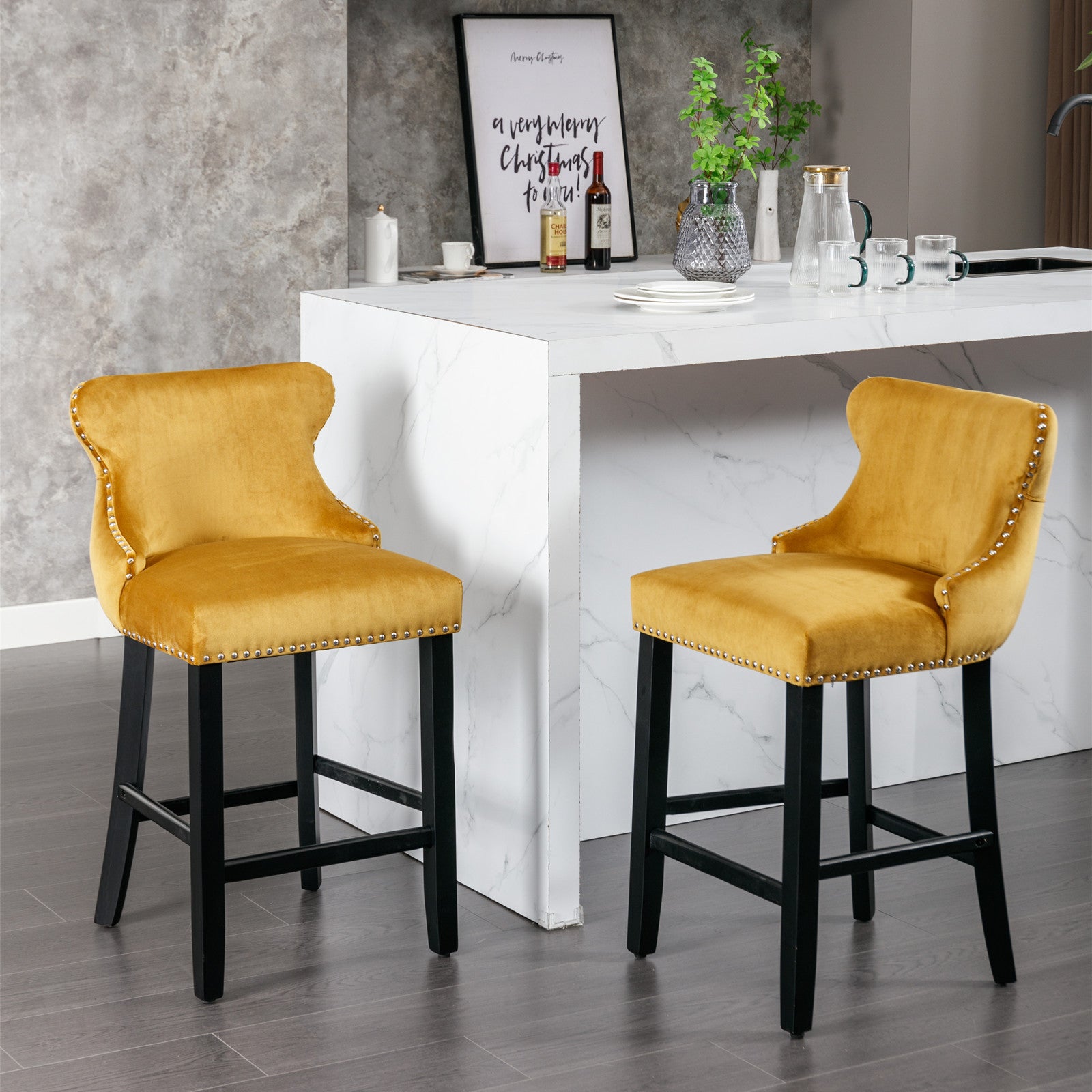2pcs Chrome Accent Wingback Bar Stools Tufted Velvet with Nailhead and Black Legs- Gold