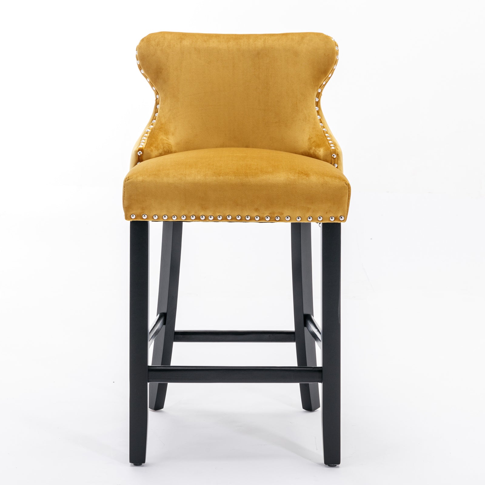 2pcs Chrome Accent Wingback Bar Stools Tufted Velvet with Nailhead and Black Legs- Gold