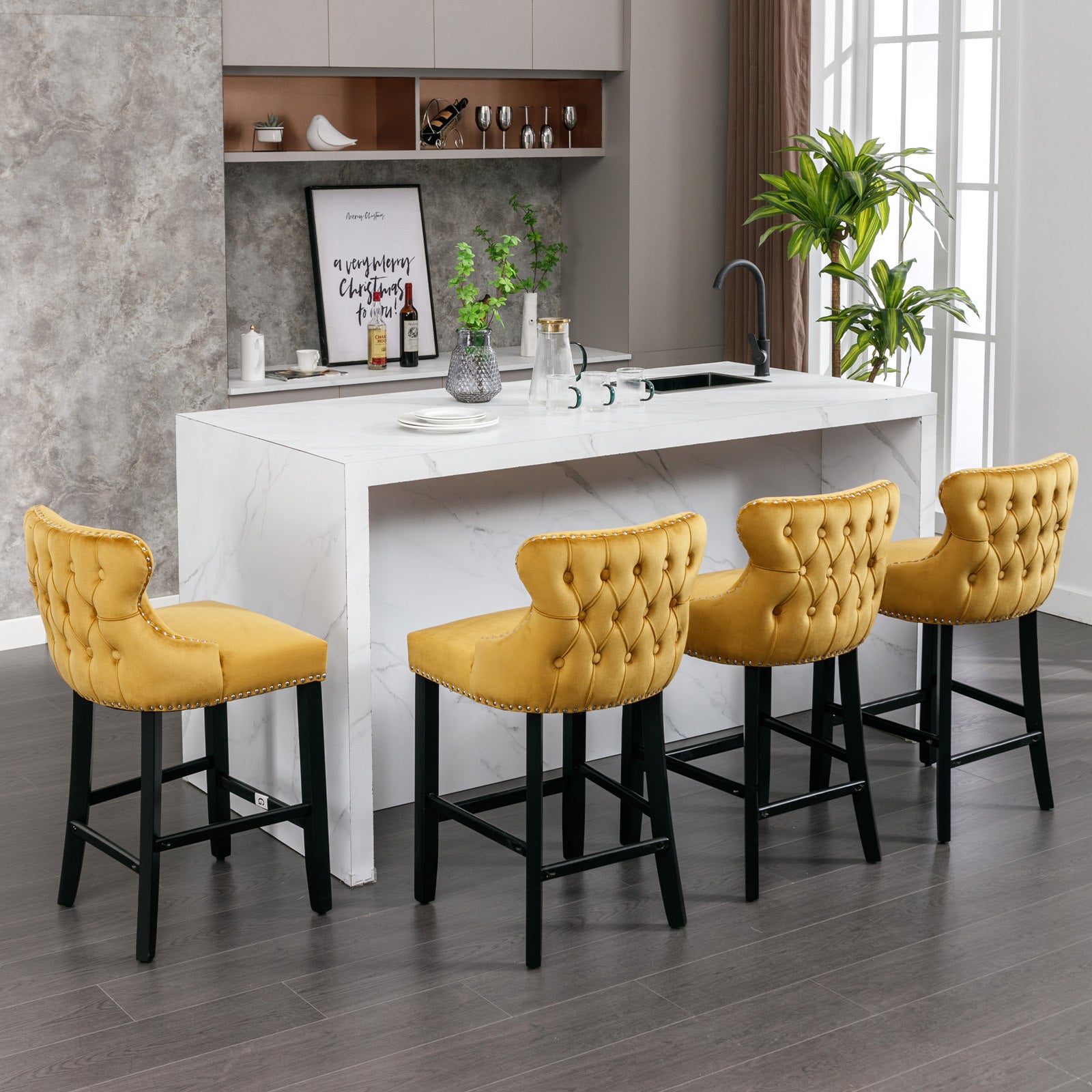 2pcs Chrome Accent Wingback Bar Stools Tufted Velvet with Nailhead and Black Legs- Gold