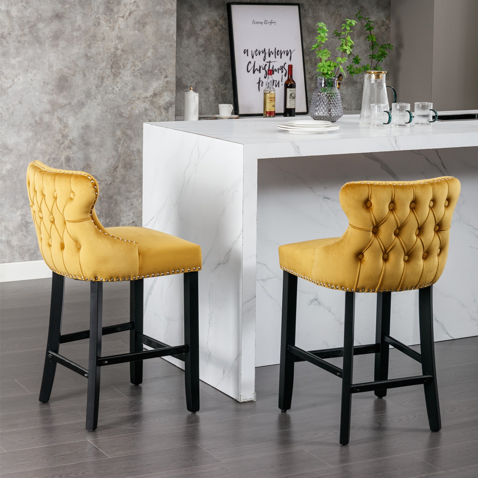 2pcs Chrome Accent Wingback Bar Stools Tufted Velvet with Nailhead and Black Legs- Gold