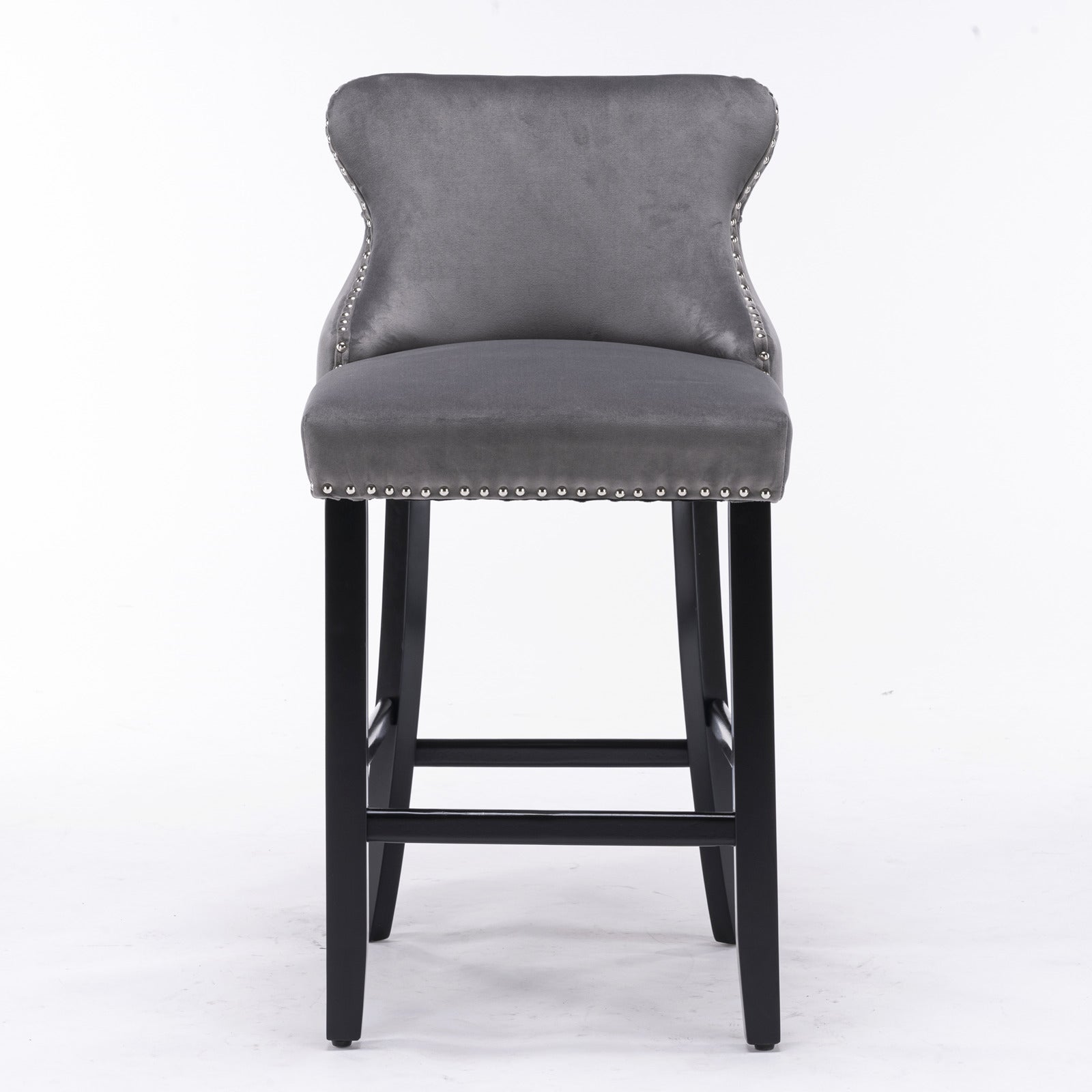 2pcs Chrome Accent Wingback Bar Stools Tufted Velvet with Nailhead and Black Legs- Grey