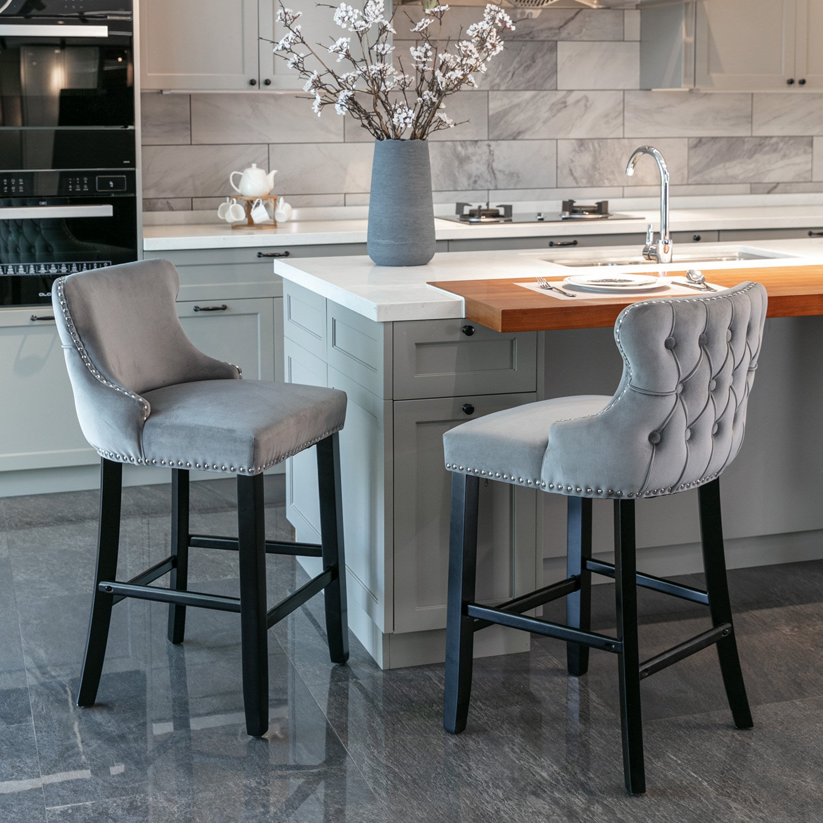 2pcs Chrome Accent Wingback Bar Stools Tufted Velvet with Nailhead and Black Legs- Grey