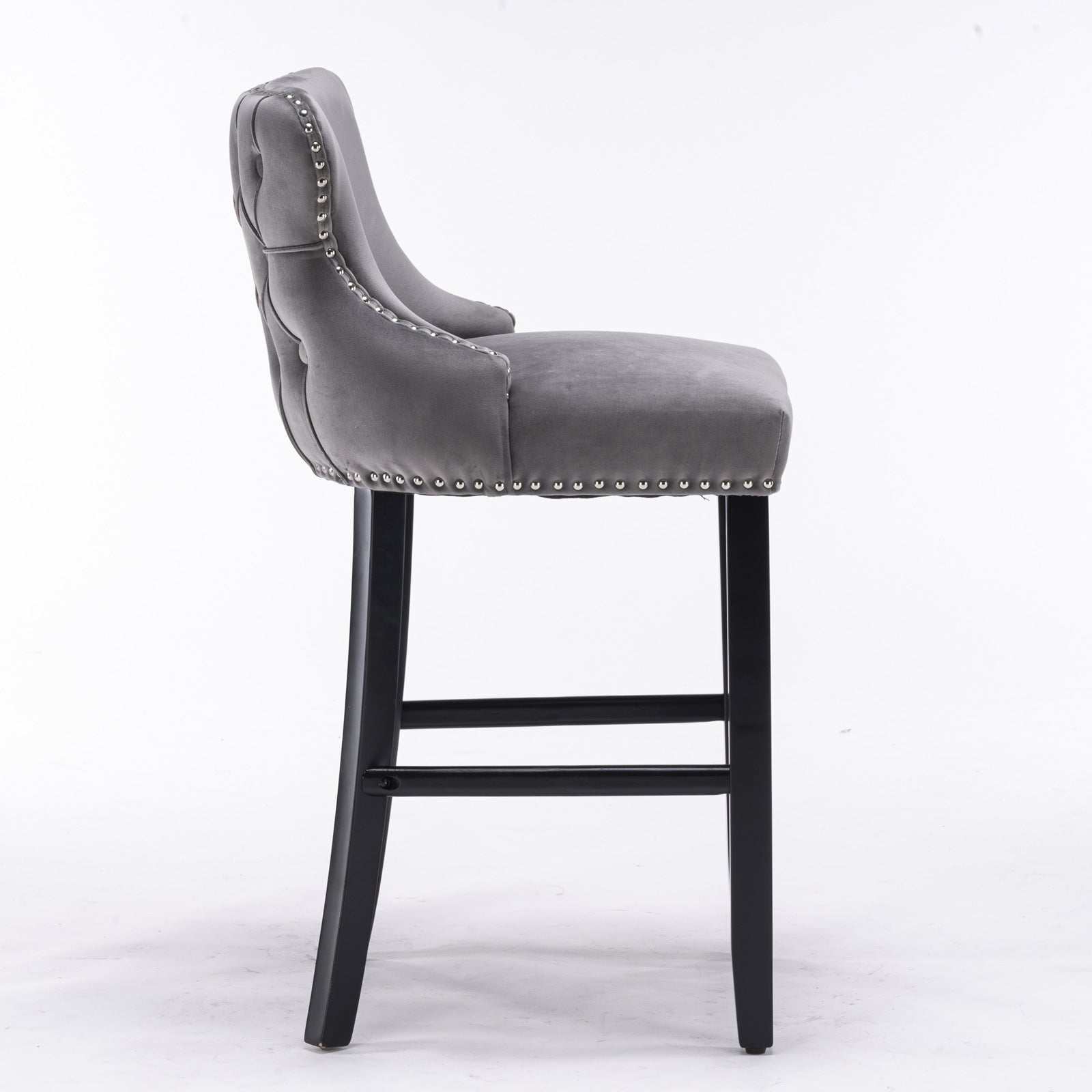 2pcs Chrome Accent Wingback Bar Stools Tufted Velvet with Nailhead and Black Legs- Grey