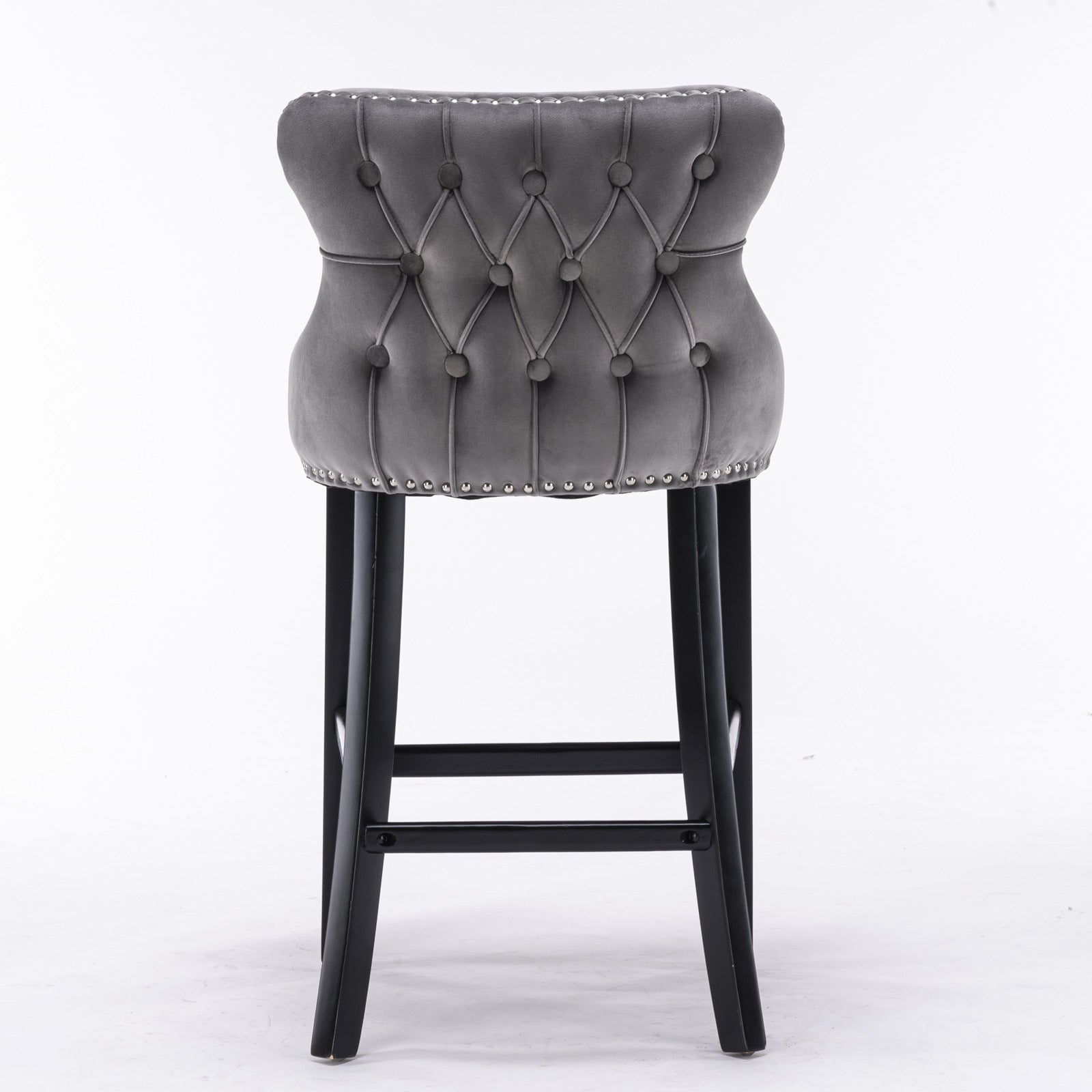 2pcs Chrome Accent Wingback Bar Stools Tufted Velvet with Nailhead and Black Legs- Grey