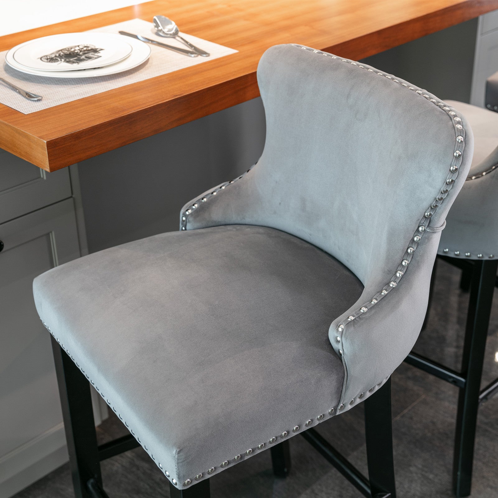 2pcs Chrome Accent Wingback Bar Stools Tufted Velvet with Nailhead and Black Legs- Grey