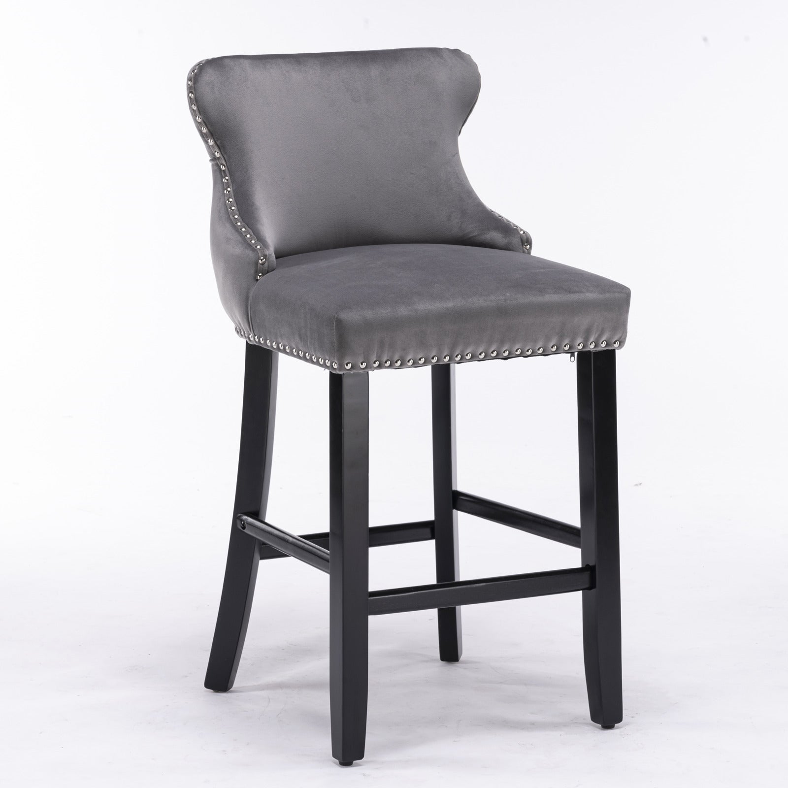 2pcs Chrome Accent Wingback Bar Stools Tufted Velvet with Nailhead and Black Legs- Grey