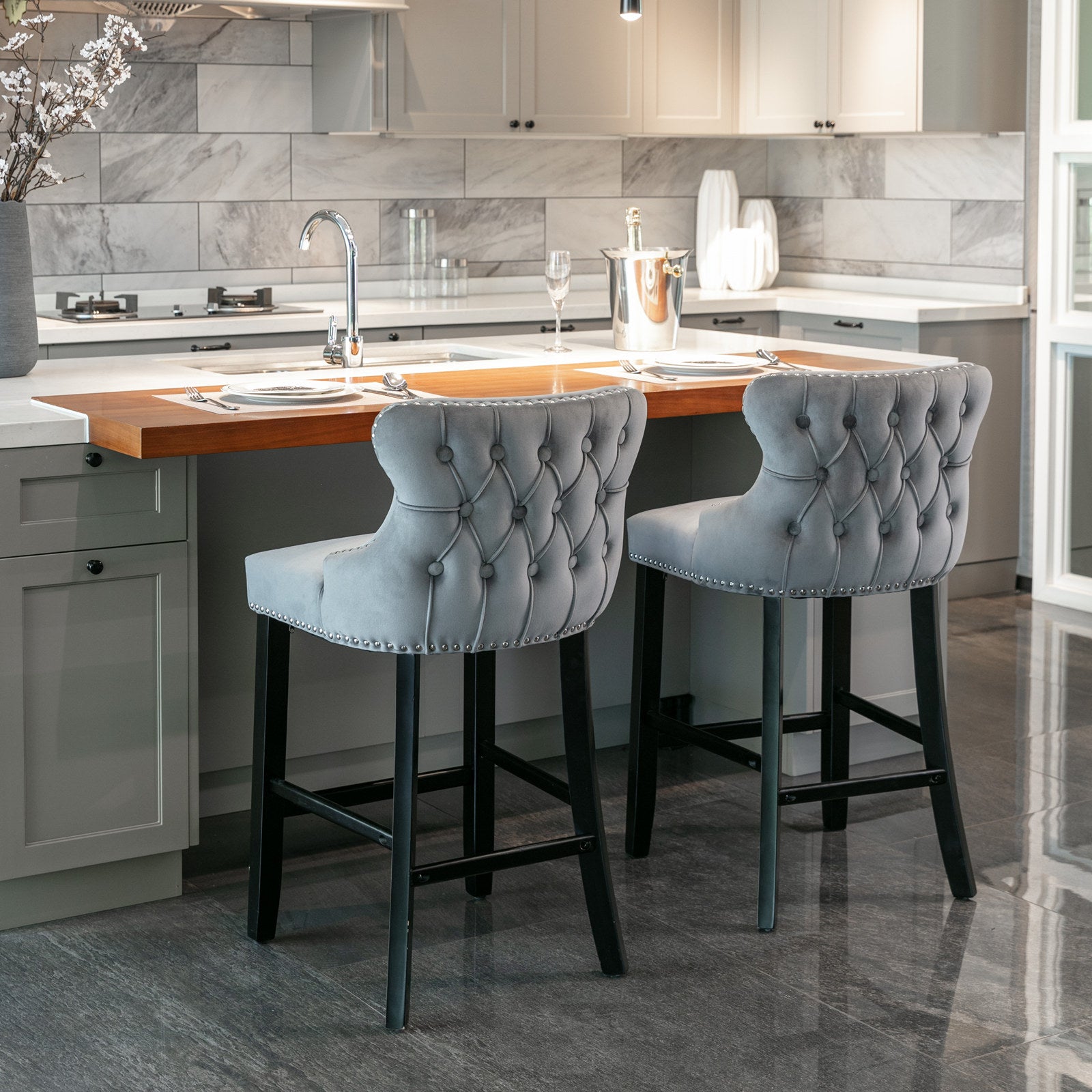 2pcs Chrome Accent Wingback Bar Stools Tufted Velvet with Nailhead and Black Legs- Grey
