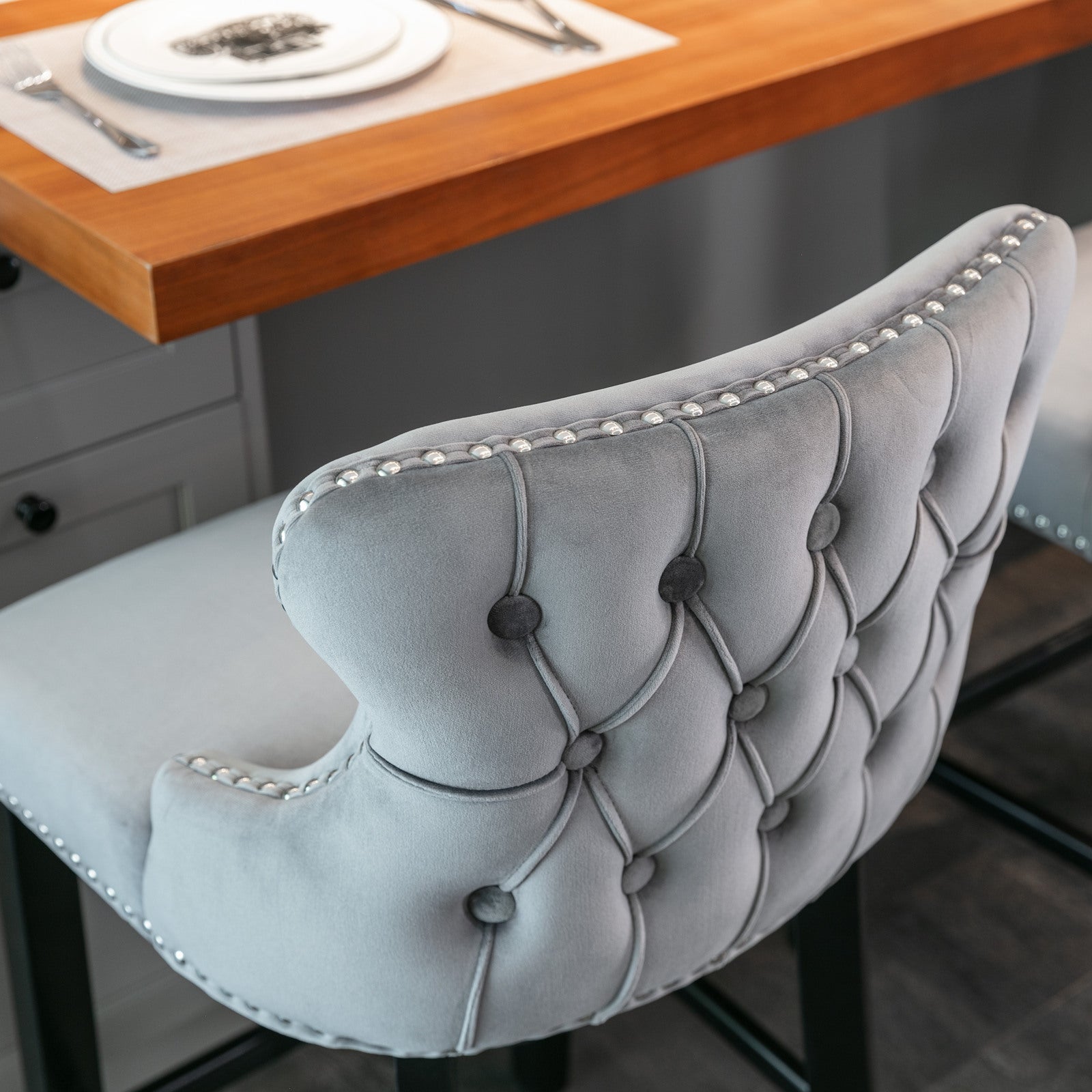 2pcs Chrome Accent Wingback Bar Stools Tufted Velvet with Nailhead and Black Legs- Grey
