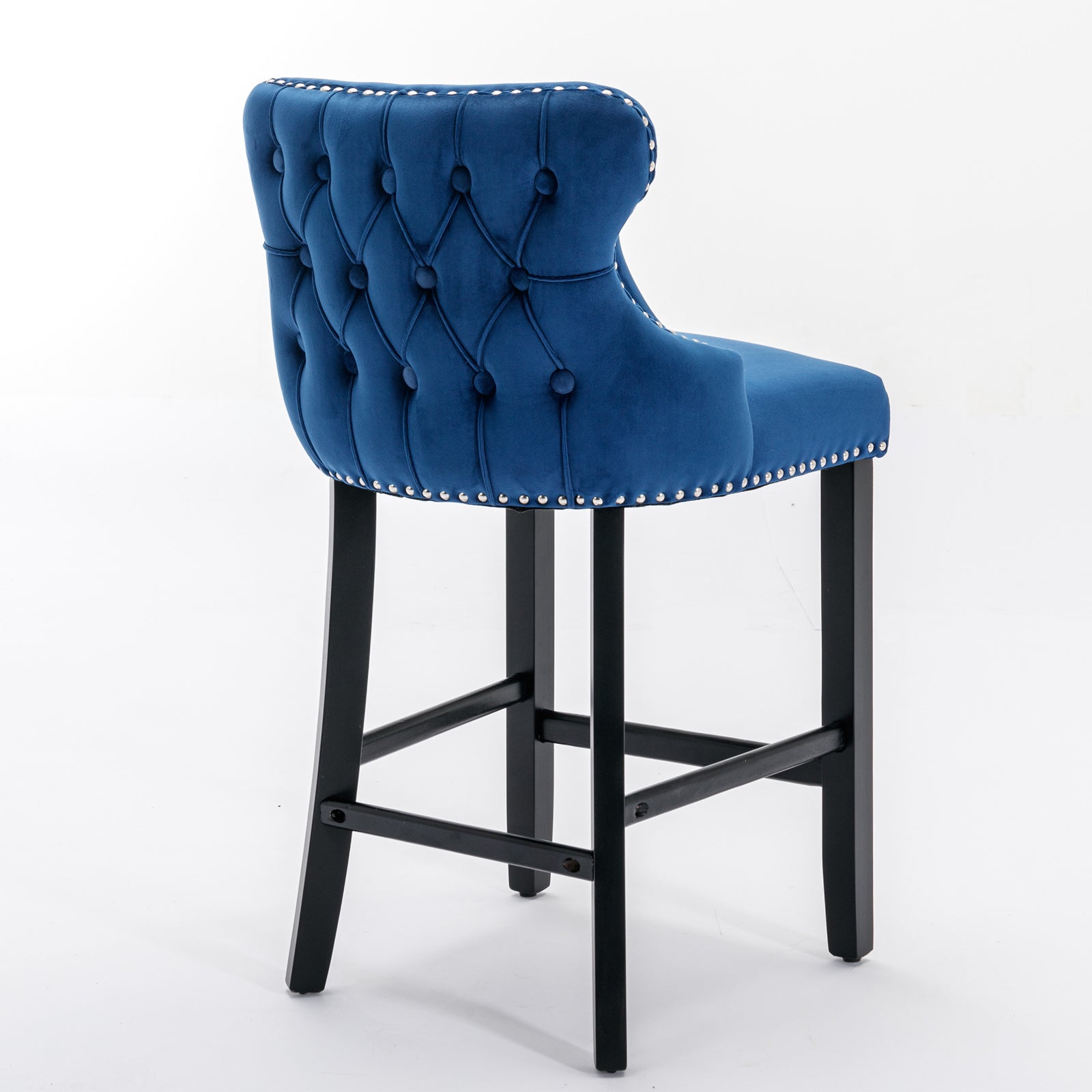 2pcs Chrome Accent Wingback Bar Stools Tufted Velvet with Nailhead and Black Legs- Blue
