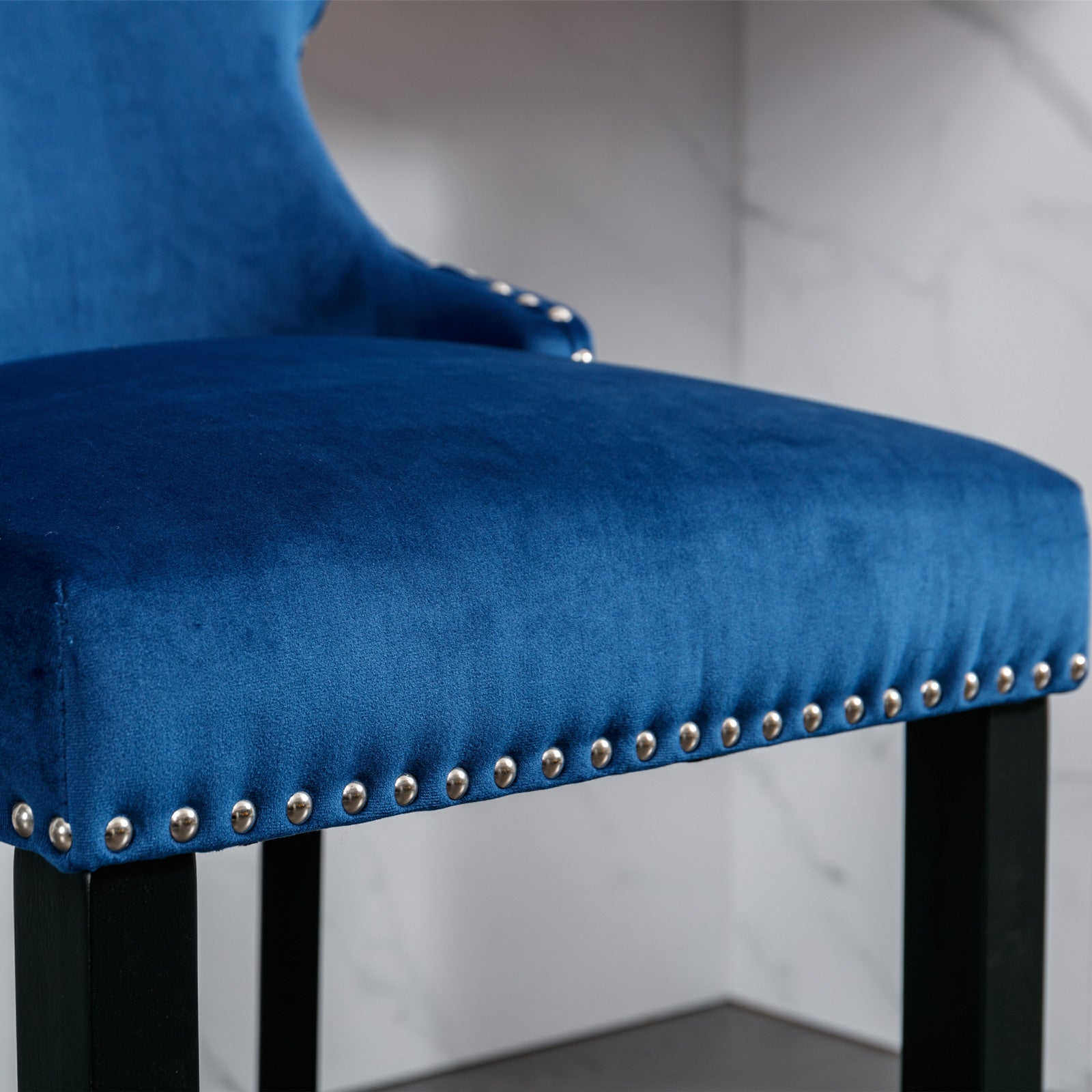2pcs Chrome Accent Wingback Bar Stools Tufted Velvet with Nailhead and Black Legs- Blue