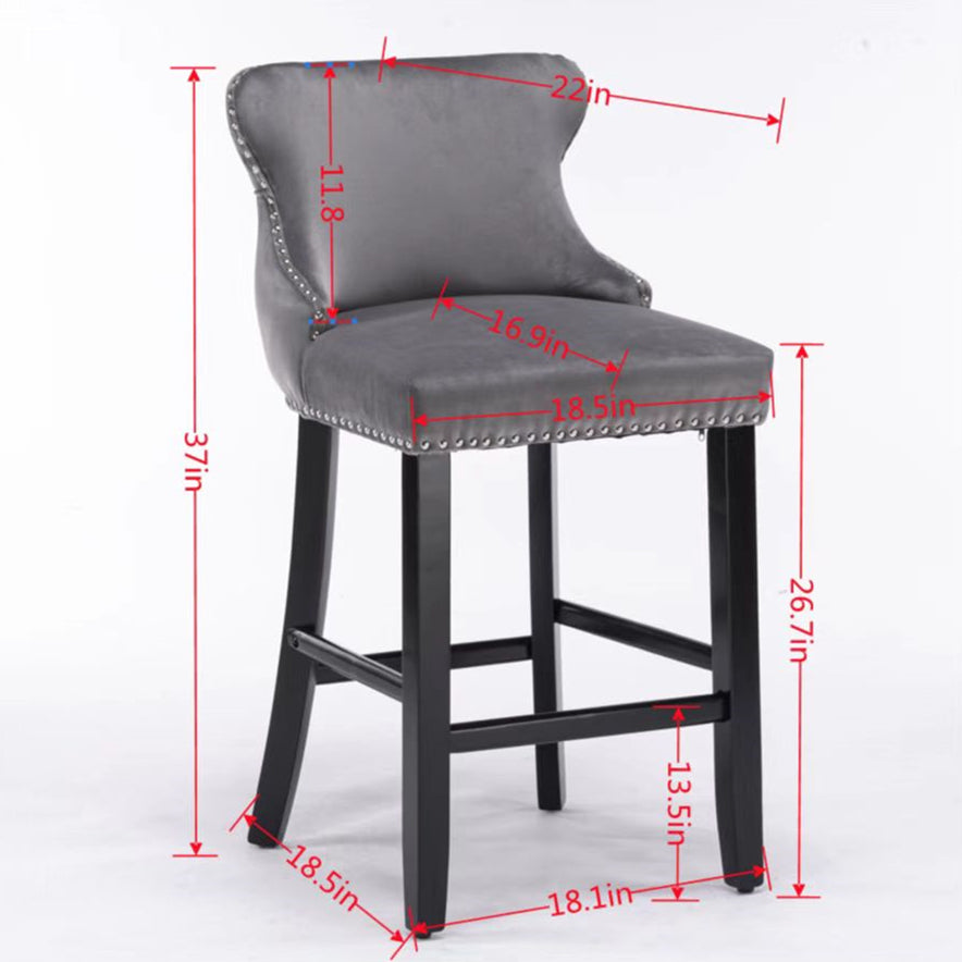 2pcs Chrome Accent Wingback Bar Stools Tufted Velvet with Nailhead and Black Legs- Blue