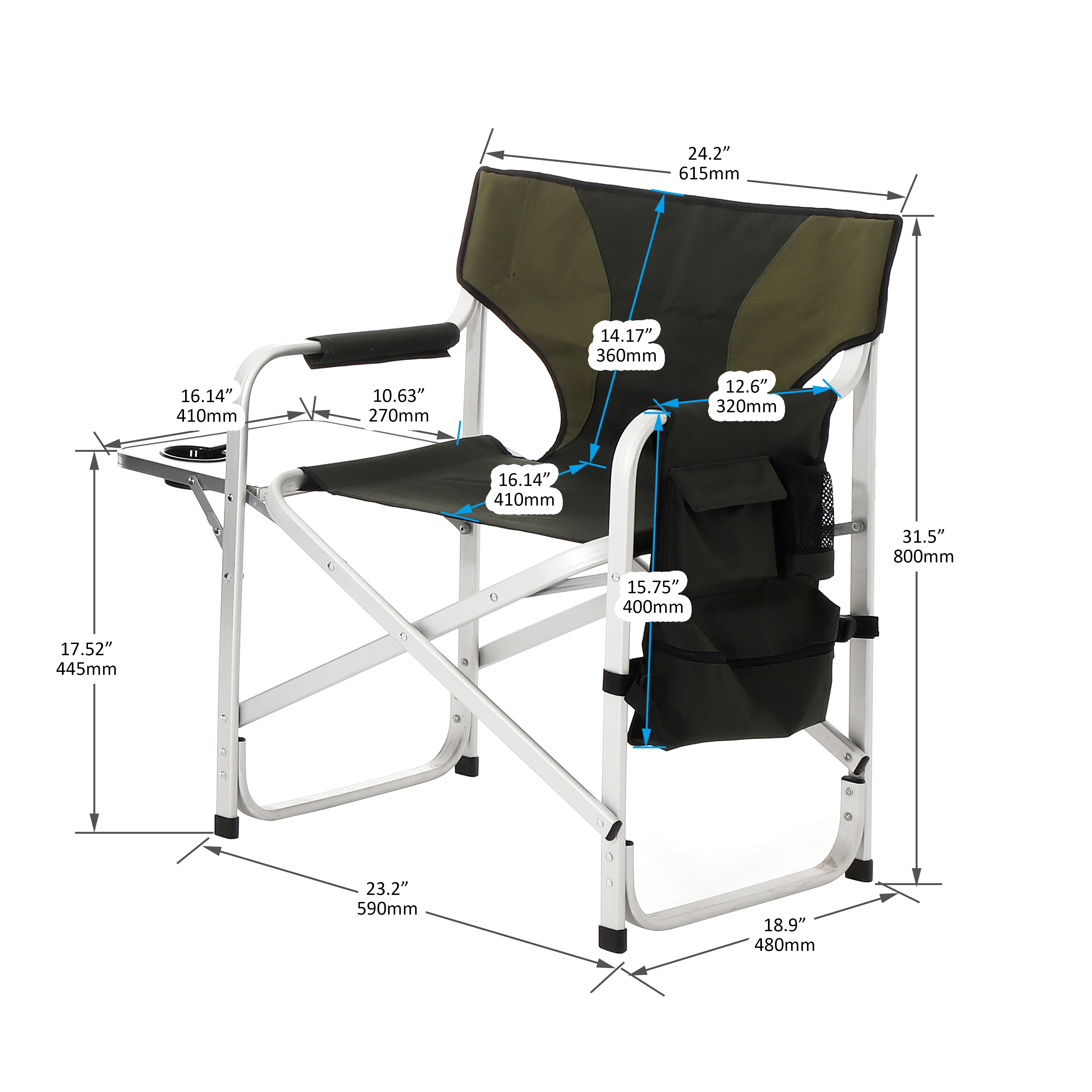 2pcs Padded Folding Outdoor Chair with Pockets Oversized Directors Chair- Green