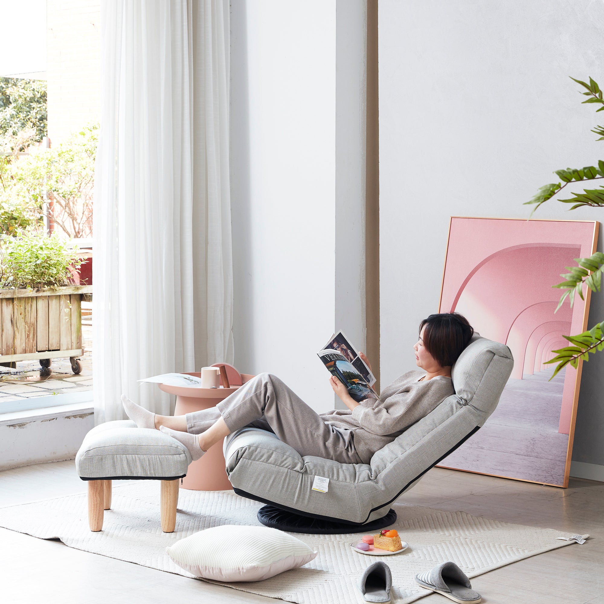 3 Adjustable Head Segments Single Sofa Reclining Japanese Style Leisure Accent Chair- Gray
